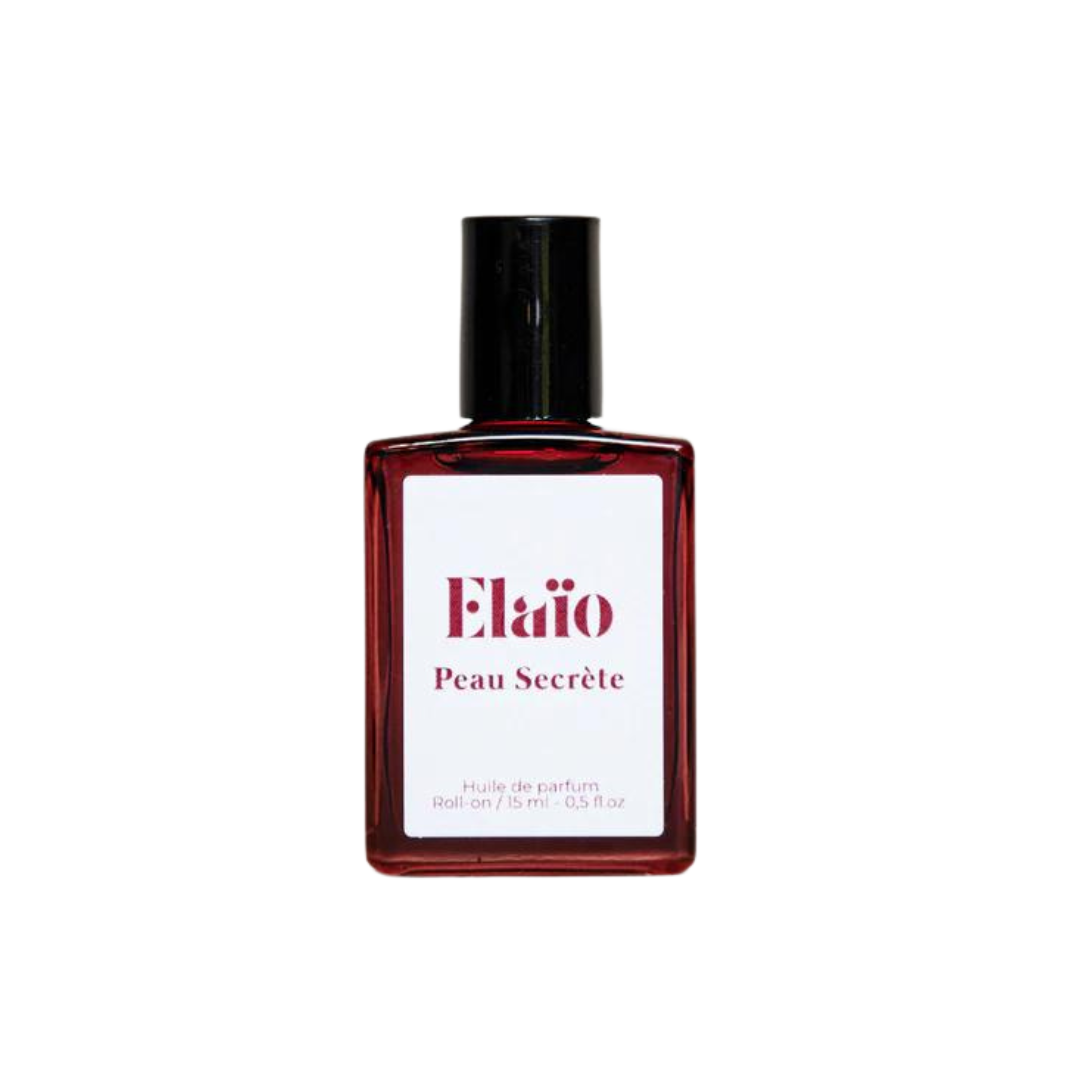 Elaïo Peau Secrète Parfümöl – rotes Glasfläschchen 15ml, schwarzer Roll-on-Deckel, weißer Hintergrund – Parfüm