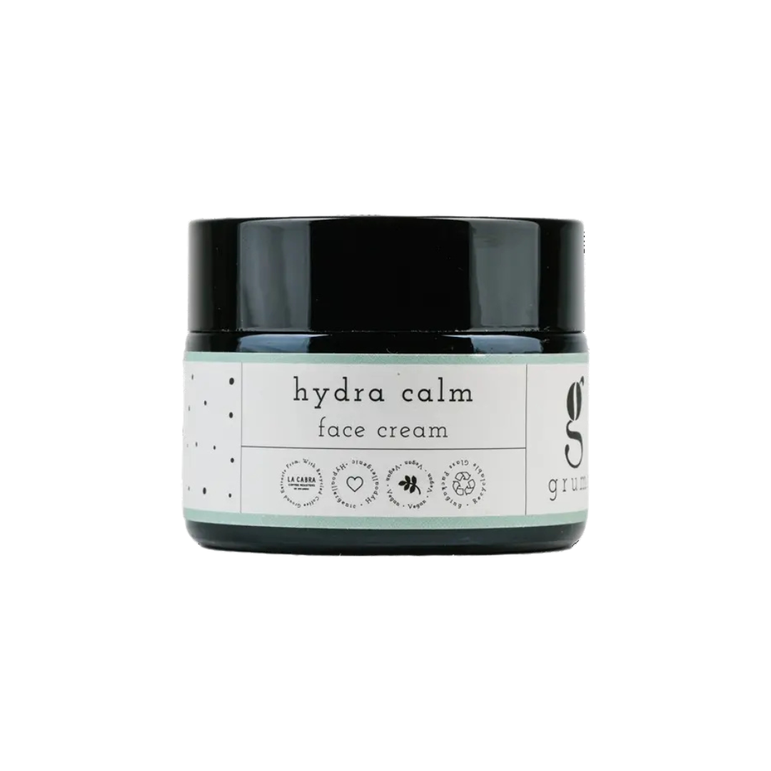 Grum Hydra Calm Gesichtscreme – schwarzer Tiegel, mintfarbene Etikette, weißer Hintergrund – Hautpflege