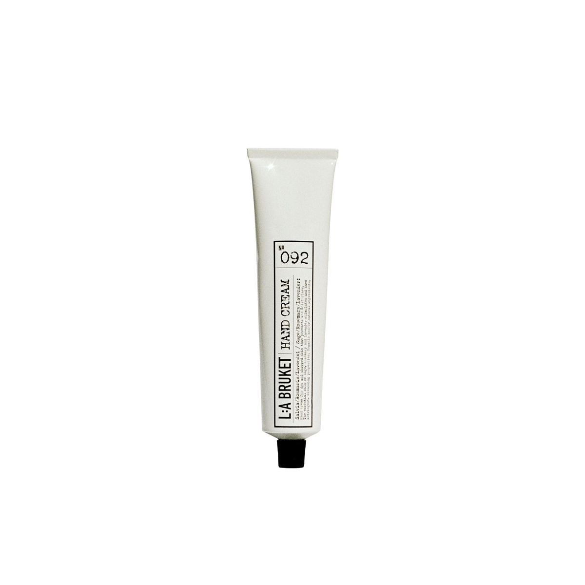 L:A Bruket Handcreme Nr. 092 – weiße Tube mit schwarzem Verschluss, weißer Hintergrund – Handpflege