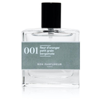 Bon Parfumeur 001 Orange Blossom – klares Glasfläschchen mit schwarzem Verschluss, graues Etikett, weißer Hintergrund – Parfüm