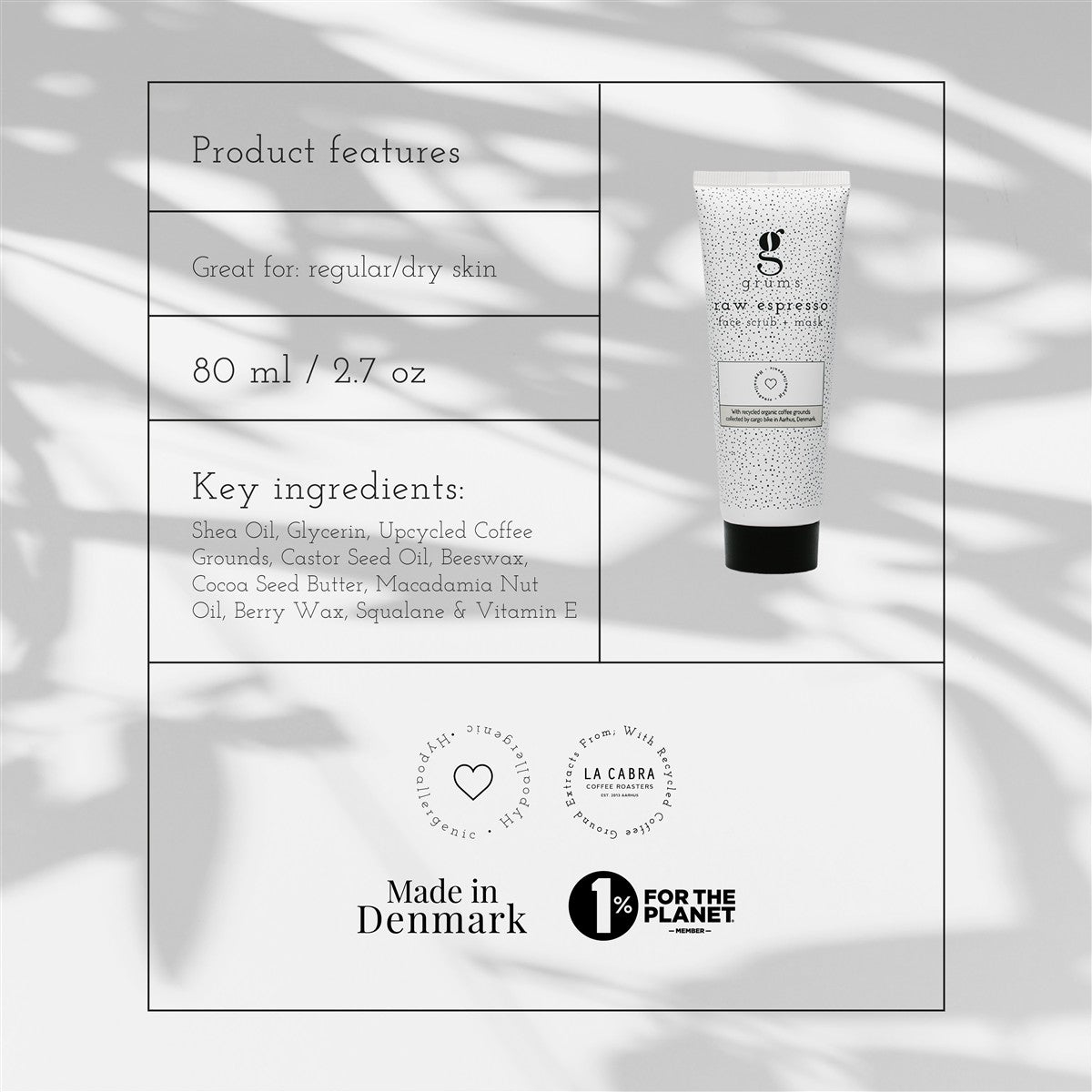 Grums Raw Espresso Gesichtspeeling – weiße Tube 80ml, schwarzer Deckel, grauer Hintergrund mit Schatten – Hautpflege