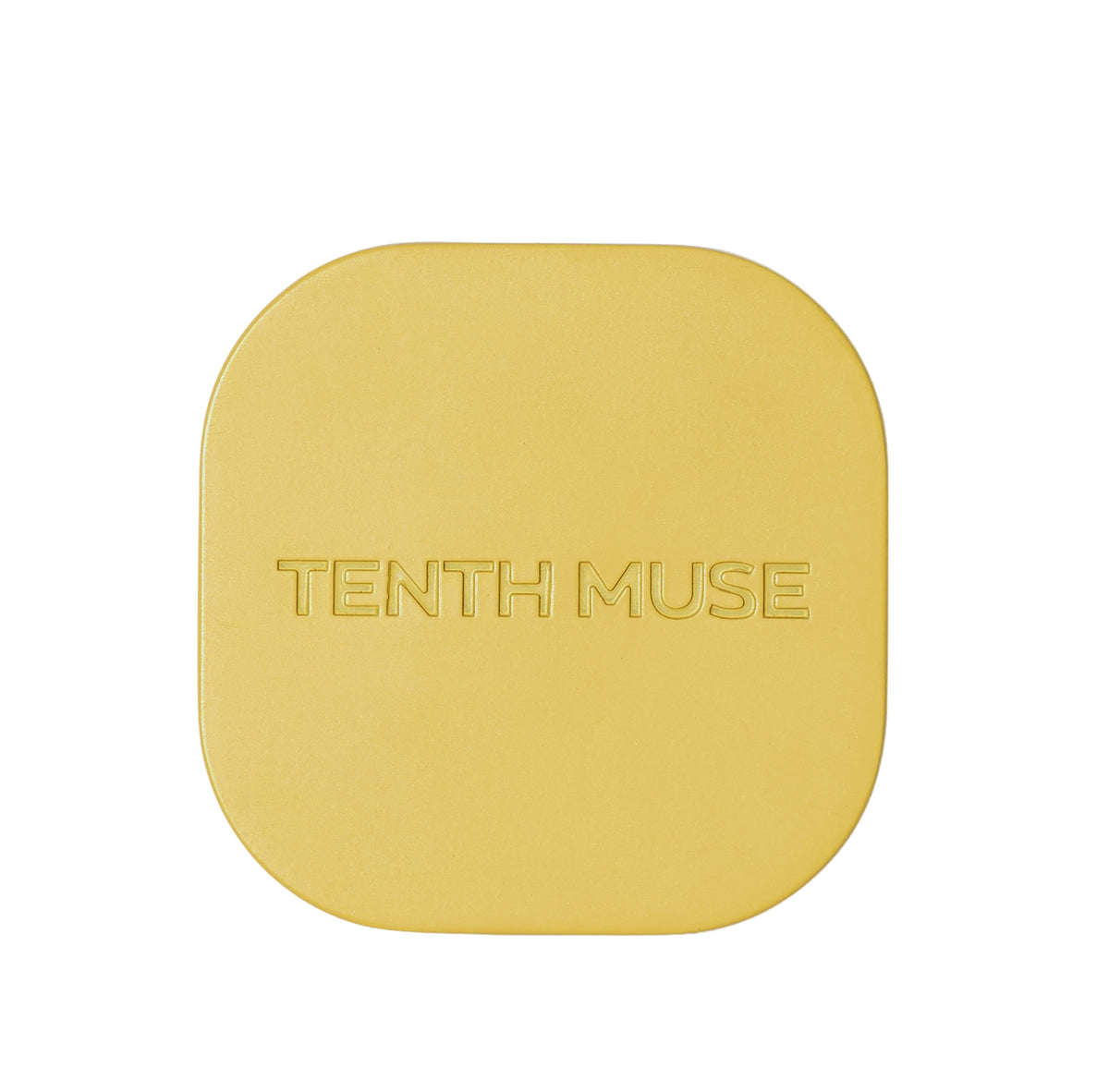 Tenth Muse Etui für festes Parfum, gelbes, quadratisches Compact-Etui mit eingeprägtem Markennamen.