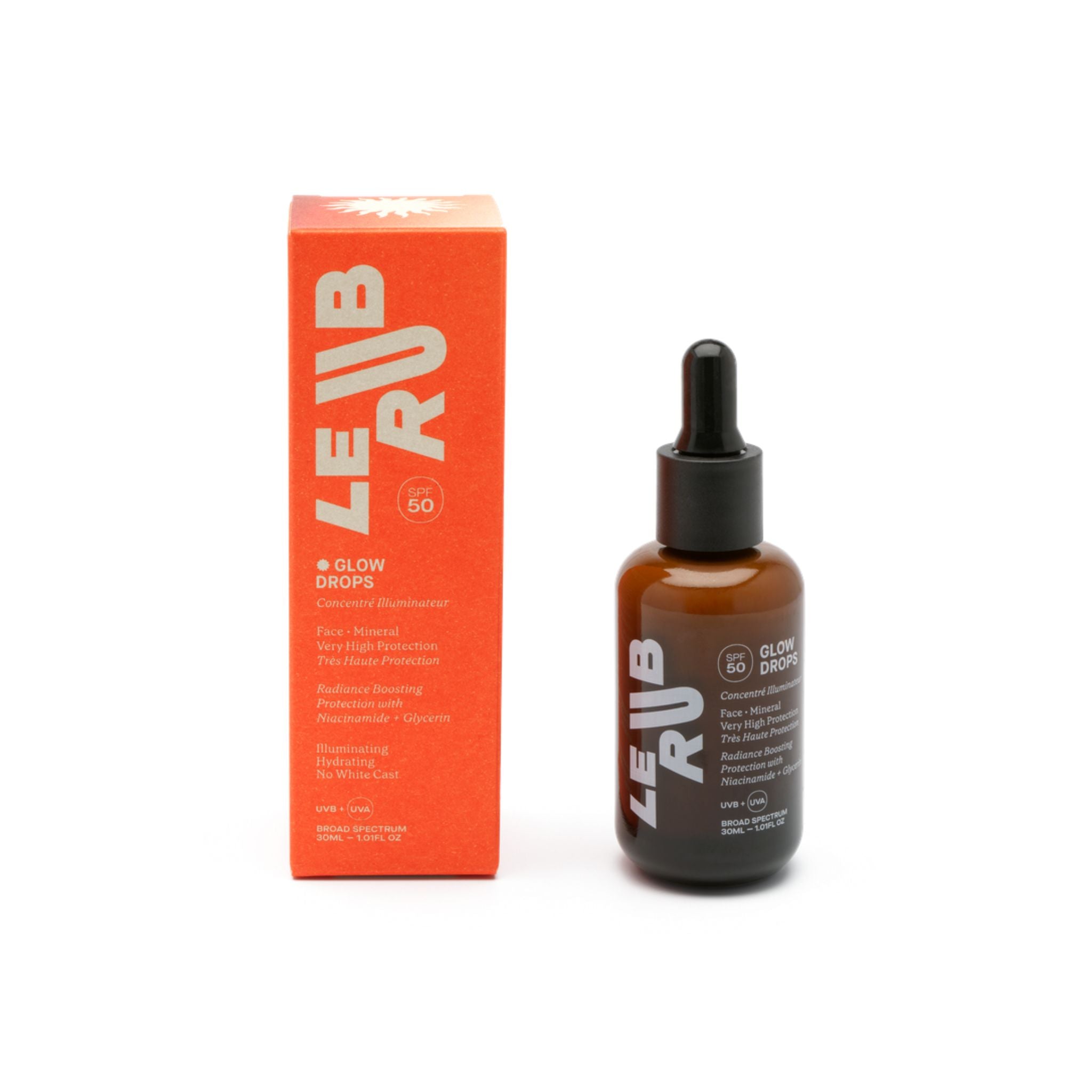 Le Rub Glow Drops SPF 50 in a brown glass bottle with dropper on a white background, skin care