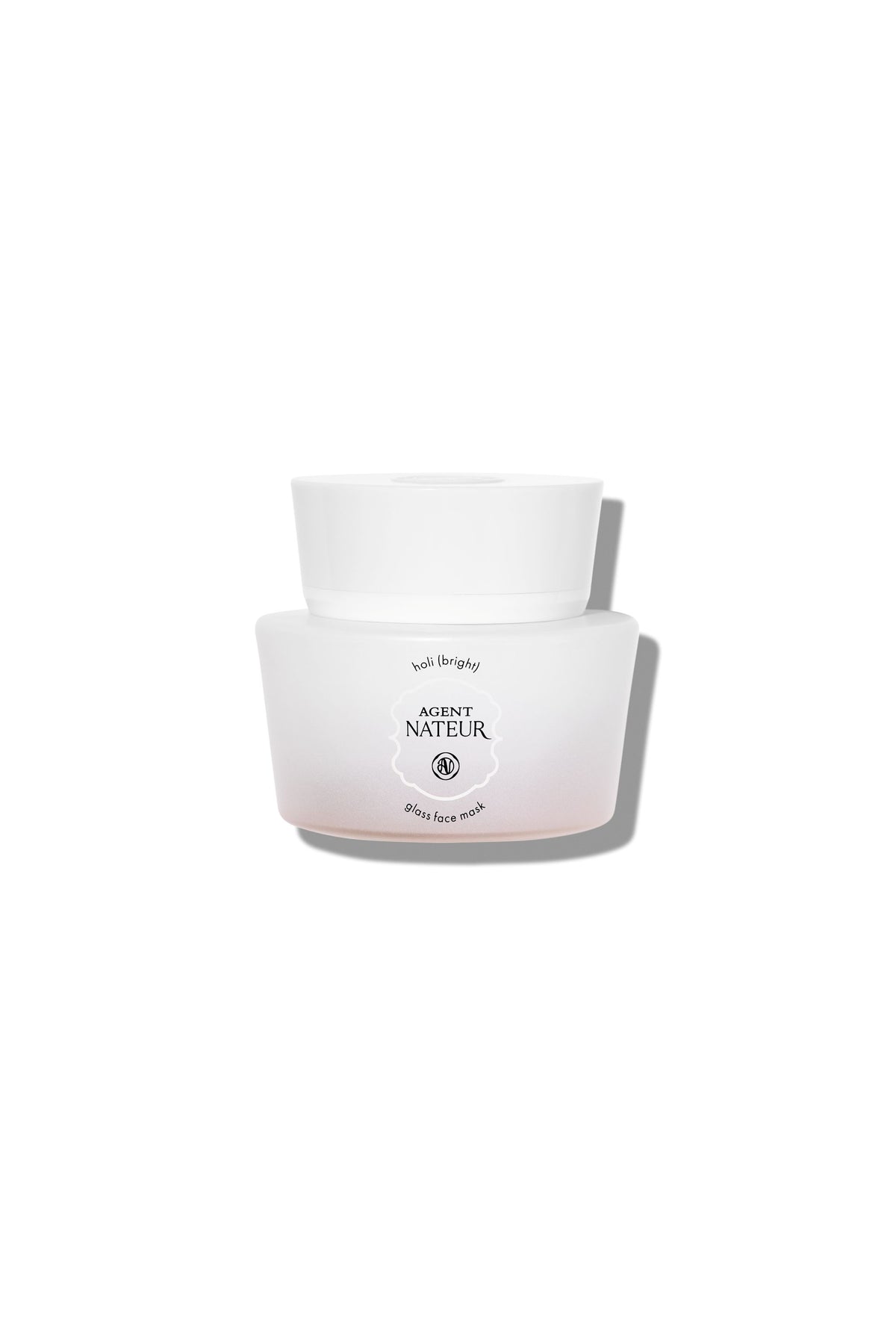 Agent Nateur Holi(bright) Glass Face Mask in a white jar with a white cap on a white background, skin care.