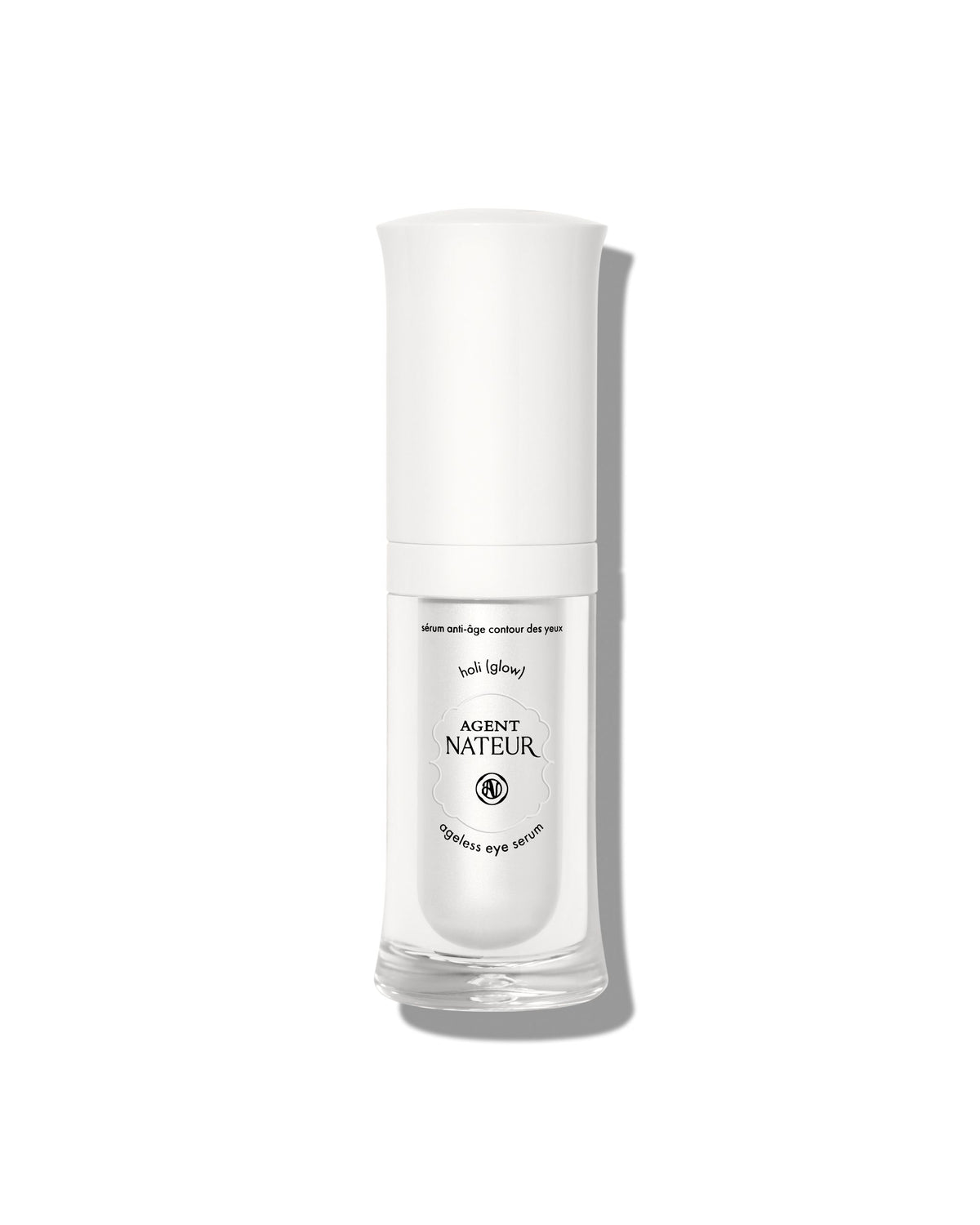 Agent Nateur Holi(glow) Ageless Eye Serum in a white bottle with a white cap on a white background, skin care serum.