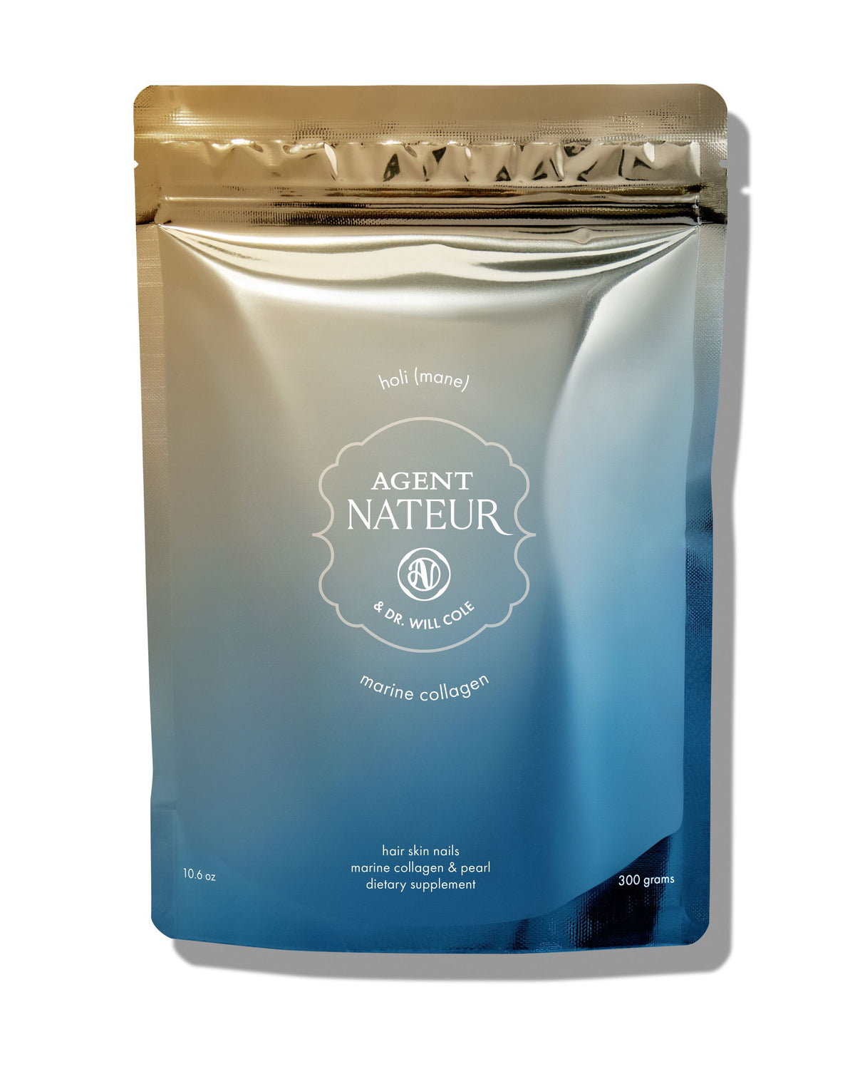 Agent Nateur & Dr. Will Cole Holi(mane) marine collagen blue and silver pouch, 300g, for hair skin nails supplement.