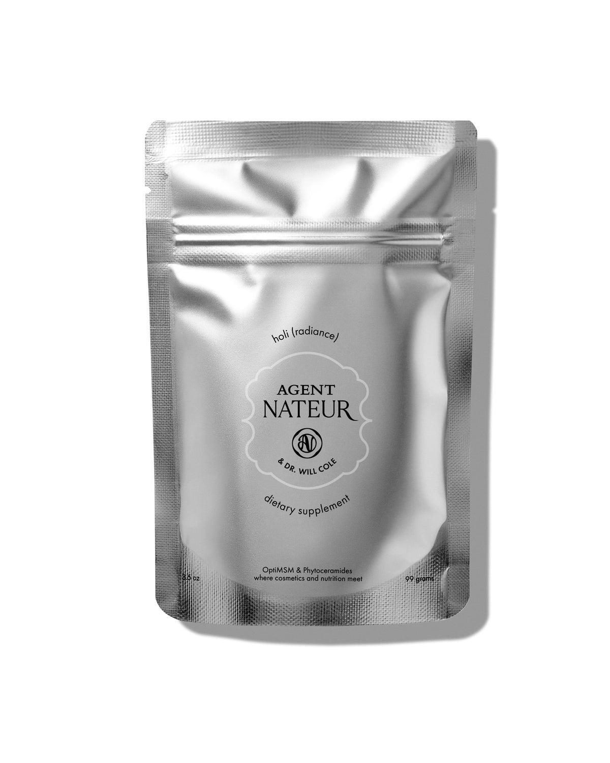 & Dr. Will Cole Holi (radiance) beauty supplement in a silver pouch, 99 grams, for skin care.