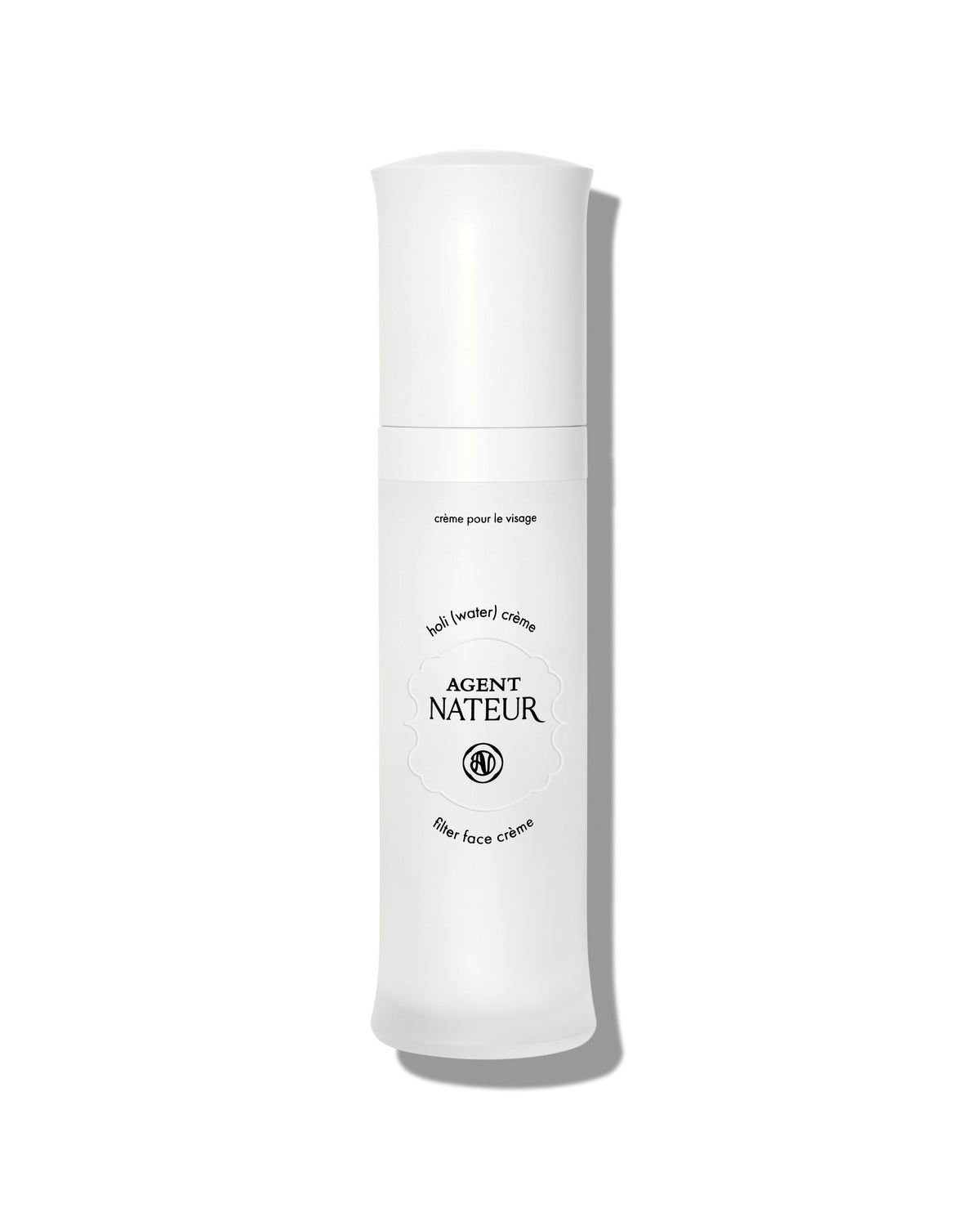 Agent Nateur holi (water) crème in einer weißen Flasche mit weißem Verschluss vor weißem Hintergrund, Skin Care.