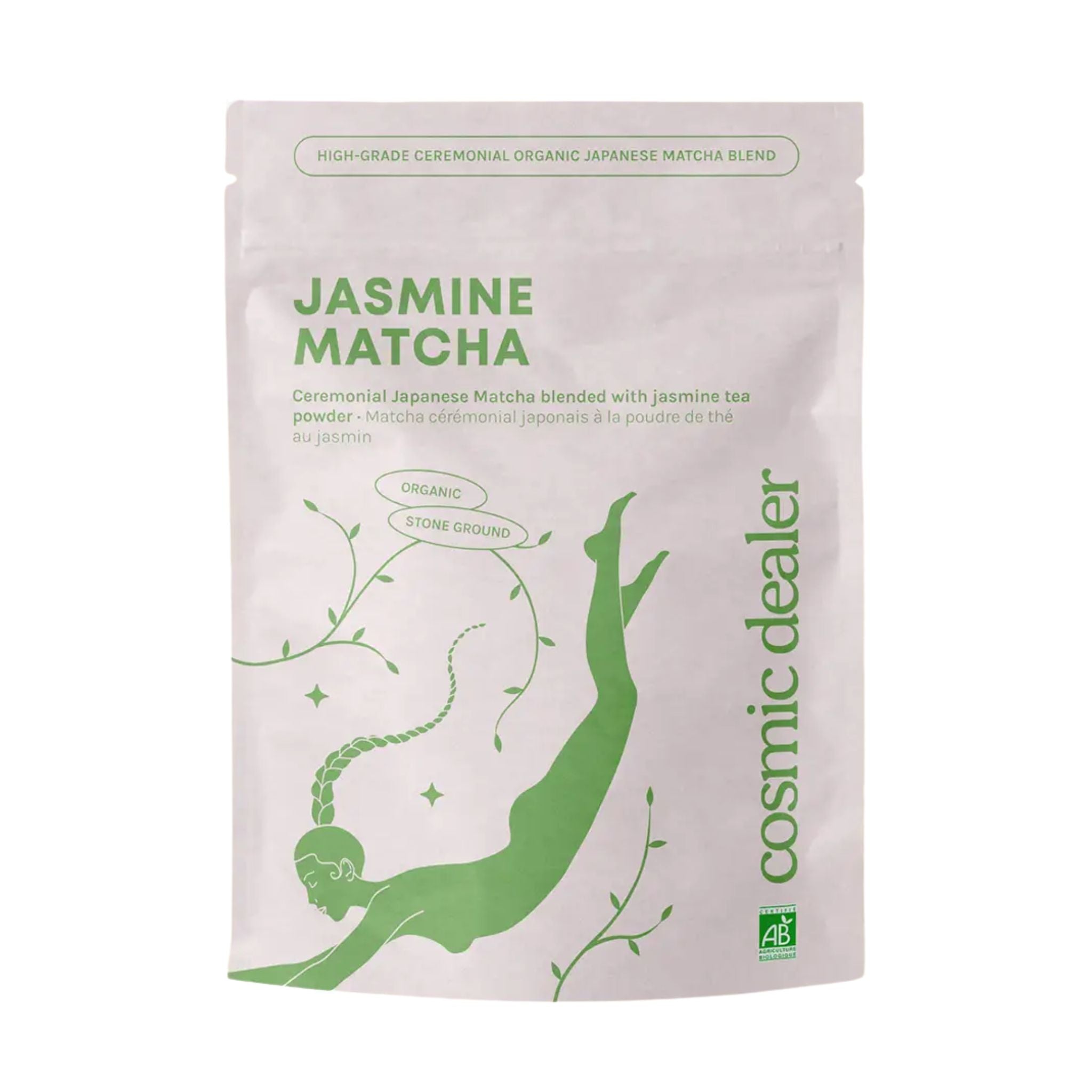 Cosmic Dealer Jasmine Matcha in a white stand-up pouch on a white background