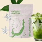 Cosmic Dealer Jasmine Matcha in a white pouch on a beige background, superfood drink