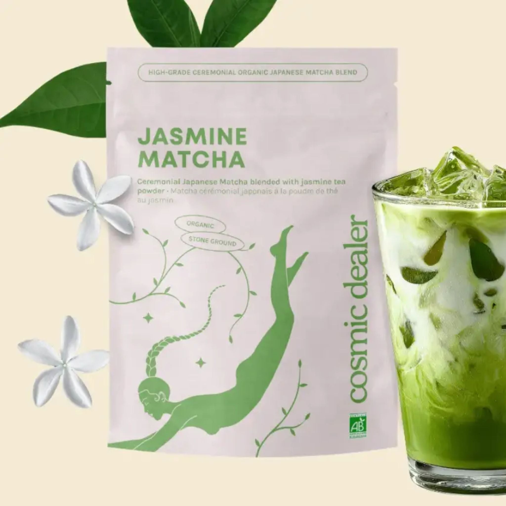 Cosmic Dealer Jasmine Matcha in a white pouch on a beige background, superfood drink