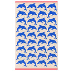 Jumping Dolphins Badelaken aus Bio-Baumwolle in Beige mit blauen Delfinen, Strandtuch für den Sommer
