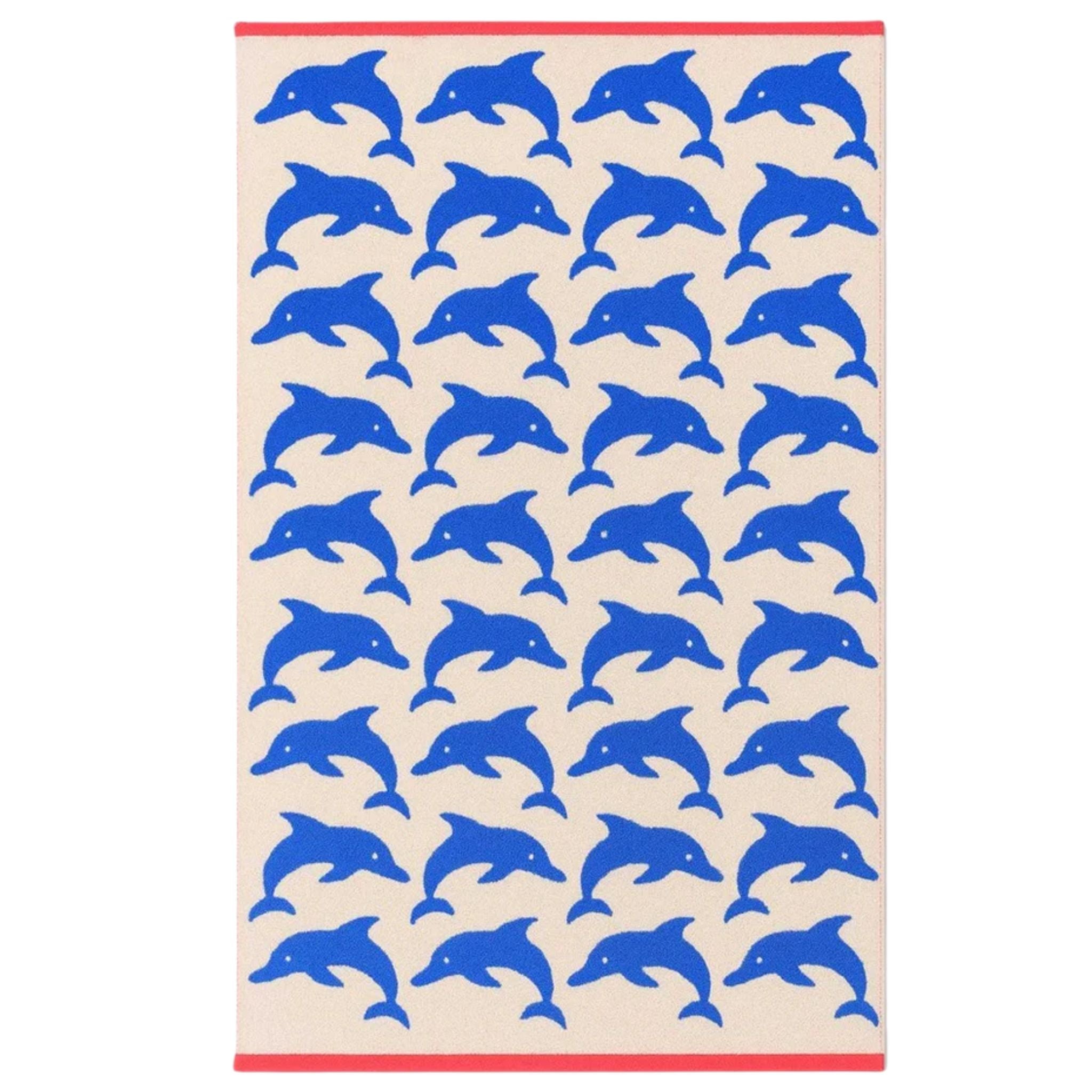 Jumping Dolphins Badelaken aus Bio-Baumwolle in Beige mit blauen Delfinen, Strandtuch für den Sommer