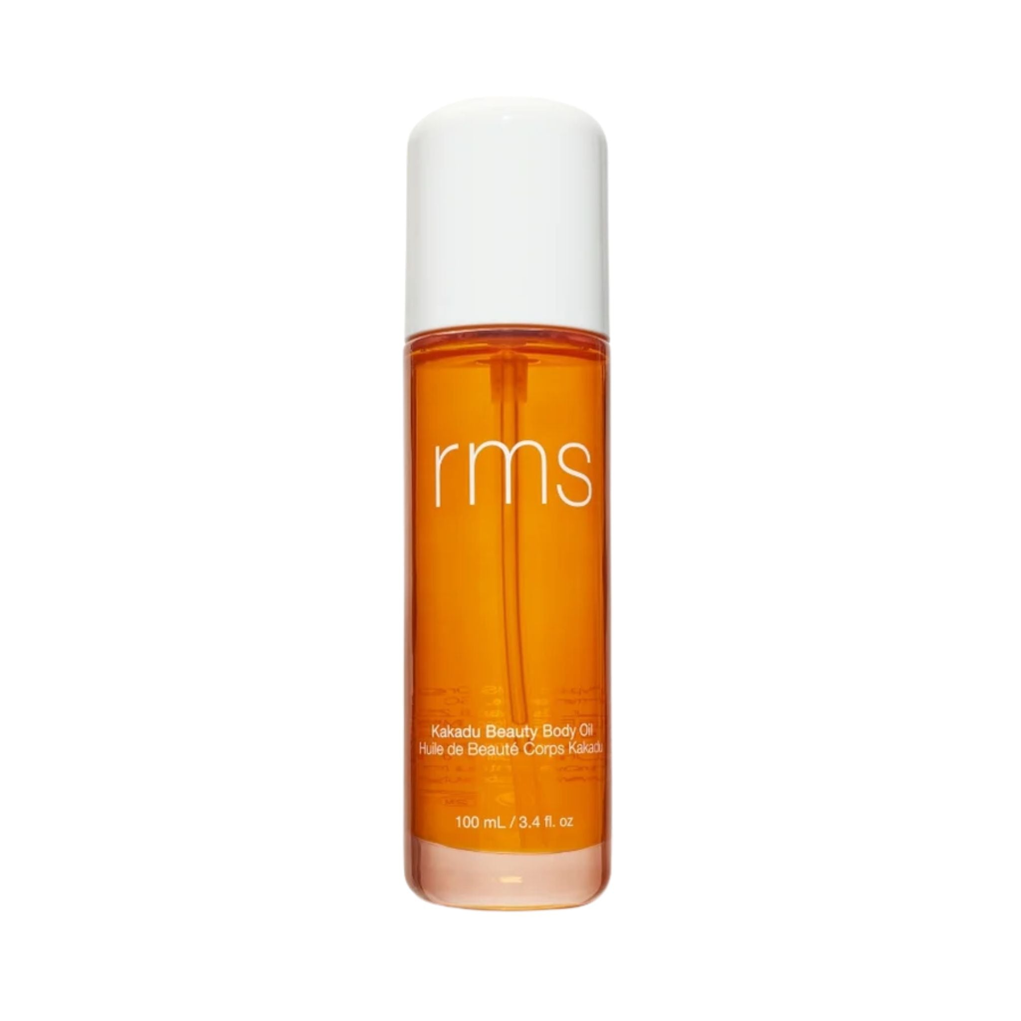 RMS Beauty Kakadu Beauty Body Oil, orangefarbene Flasche mit weißem Verschluss auf weißem Grund, Körperpflege