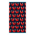 Kissing Foxes Organic Cotton Bath Sheet in navy blue with red foxes on a white background, bathroom accessory