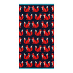 Kissing Foxes Organic Cotton Bath Sheet in navy blue with red foxes on a white background, bathroom accessory