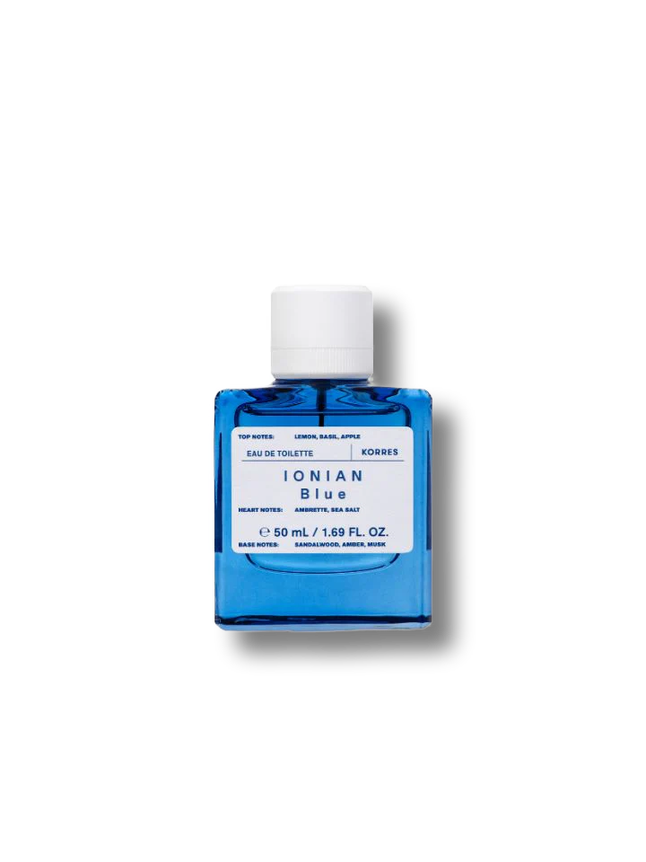 Korres Ionian Blue Eau de Toilette, blaue Glasflasche mit weißem Verschluss auf weißem Hintergrund, Parfum.