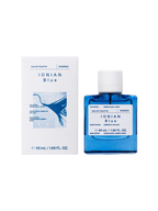 Korres Ionian Blue Eau de Toilette, blue spray bottle with white cap on white background, fragrance