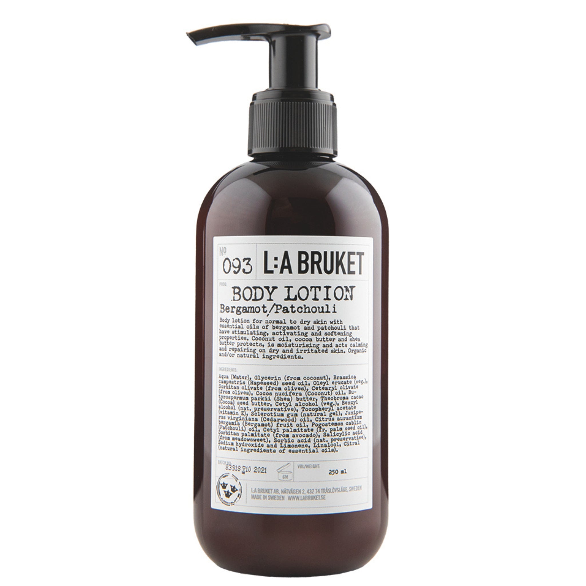 L'A Bruket No. 093 Body Lotion in a brown bottle with black pump on white background, 250 ml skin care