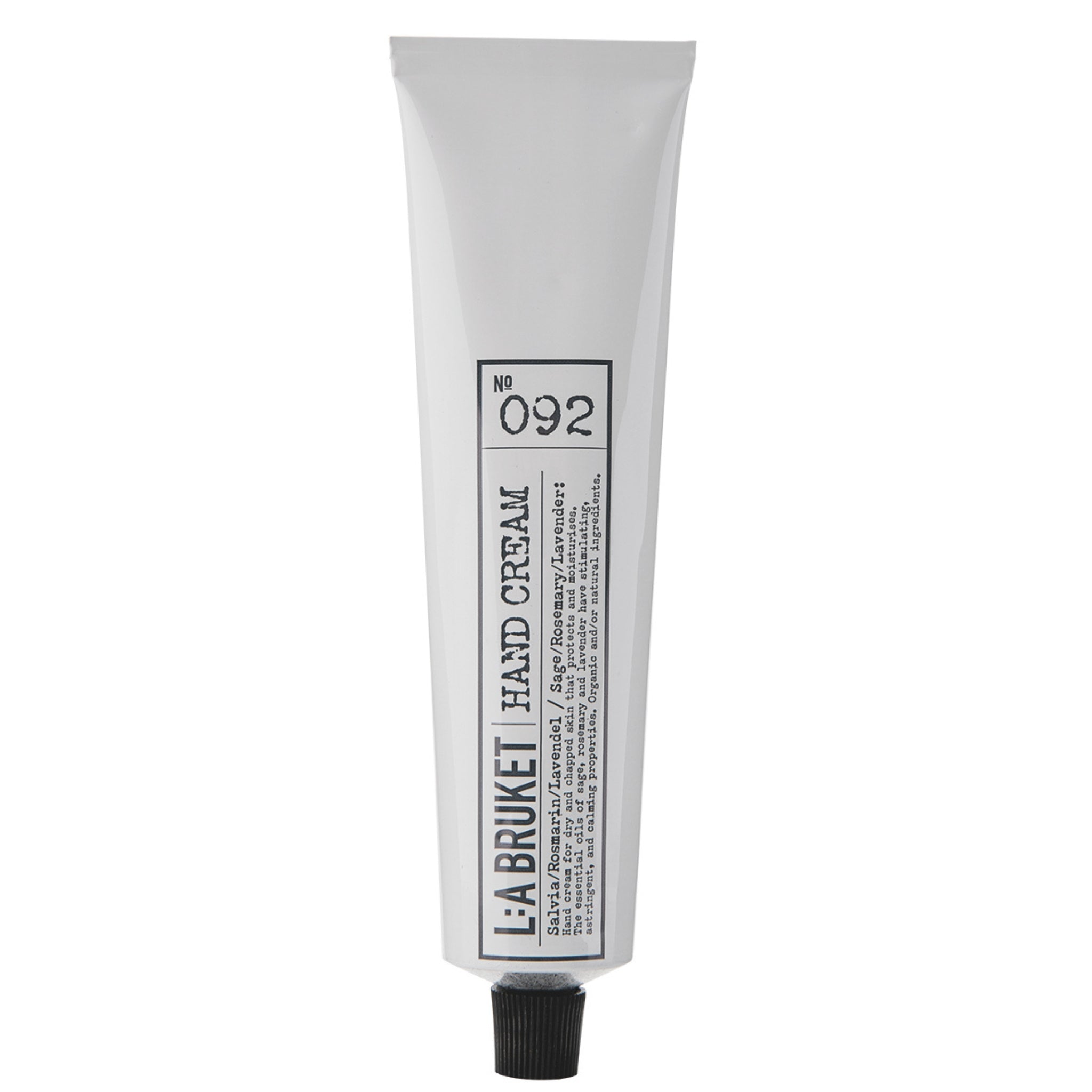 L:A Bruket No. 092 Handcream in einer weißen Tube mit schwarzem Schraubverschluss für die Handpflege.