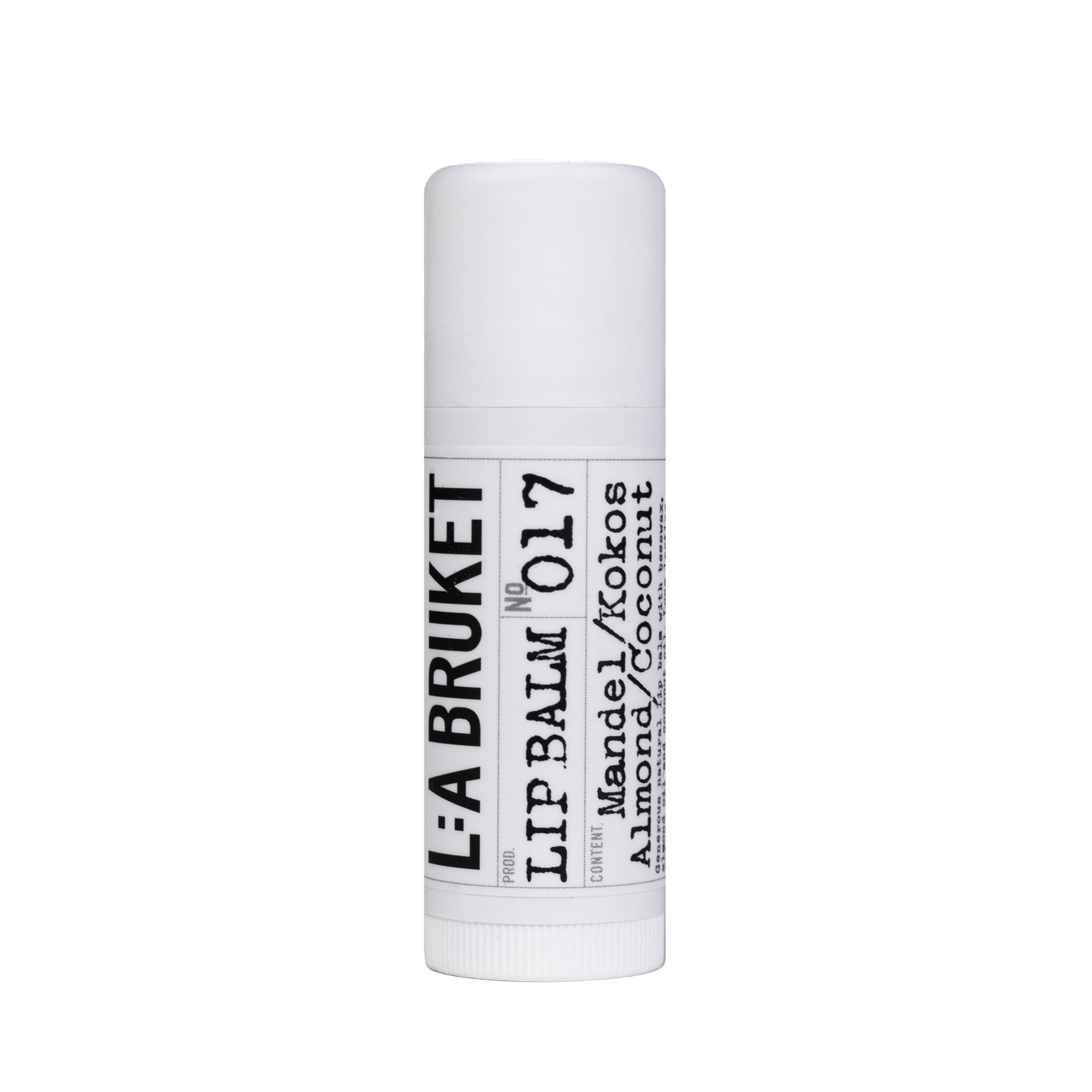 L:A Bruket No. 017 Lipbalm in a white tube with a white cap on a white background, lip care