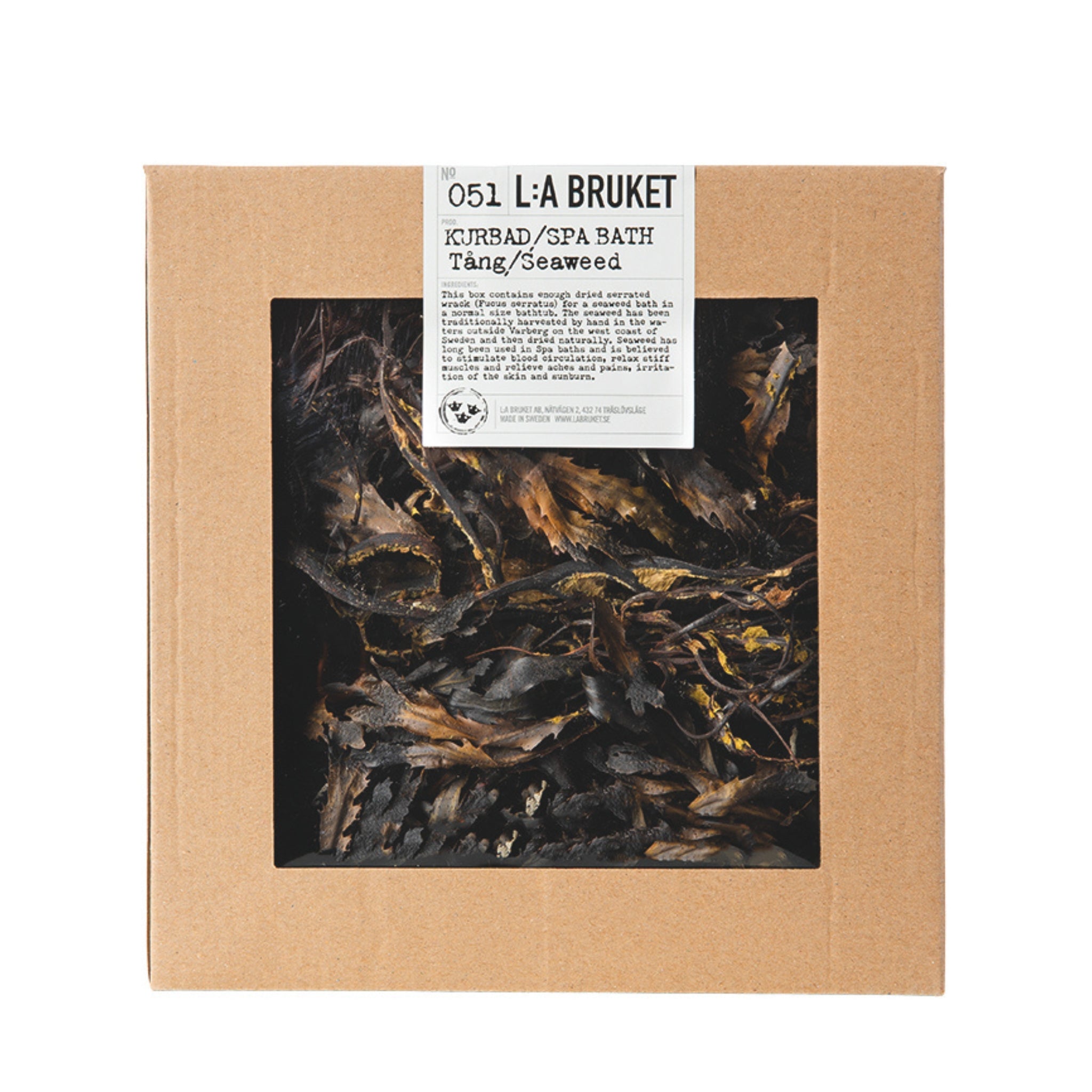 L:A Bruket No. 051 Spa Bath Seaweed in einer braunen Pappschachtel mit getrockneten Algen für die Körperpflege