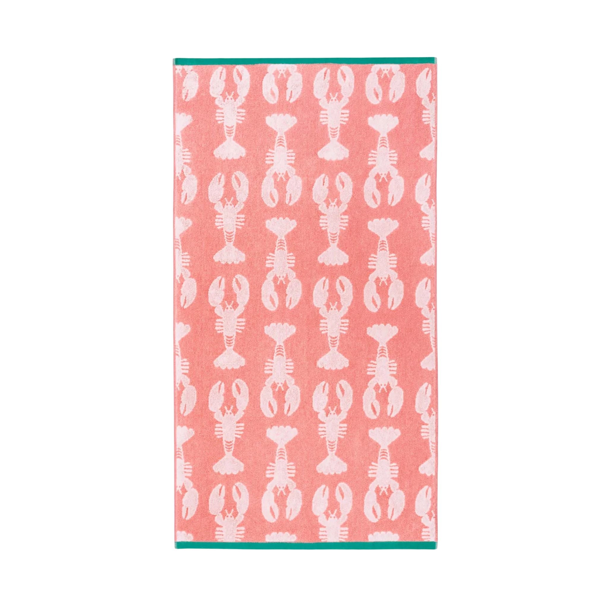 Lobster Pink Organic Cotton Bath Towel, rosafarbenes Handtuch mit Hummer-Muster auf weißem Hintergrund, Bad-Accessoires