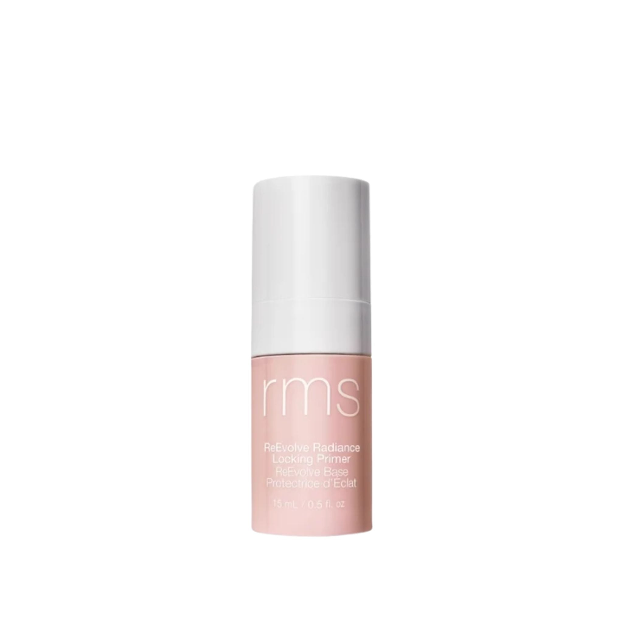 rms ReEvolve Radiance Locking Primer in a pink bottle with a white cap, skin care.