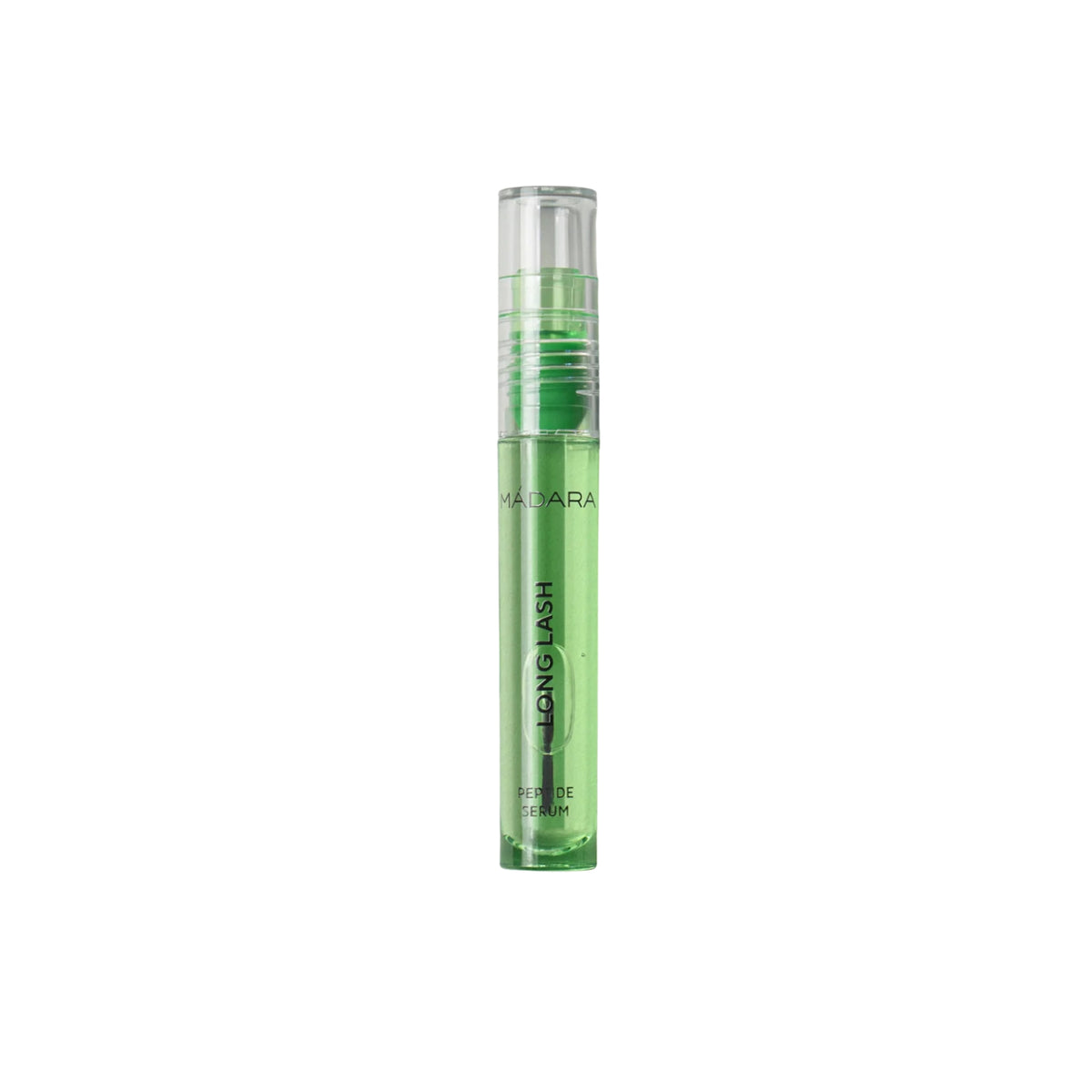 Mádara Long Lash Peptid-Wimpernserum in einer grünen Tube mit transparentem Verschluss.