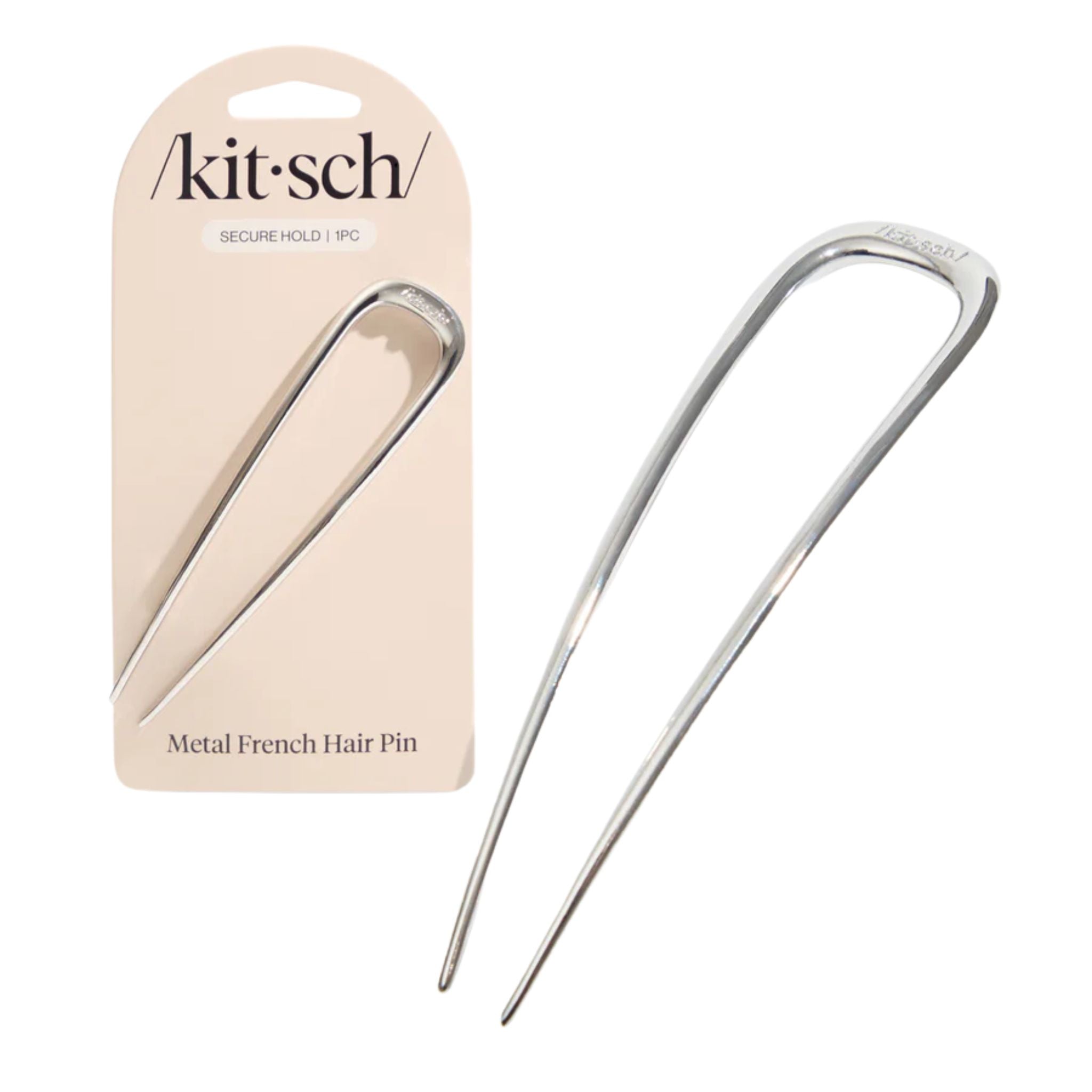 Kitsch Metal French Hair Pin in silver on beige cardboard packaging, 1 piece, hair styling