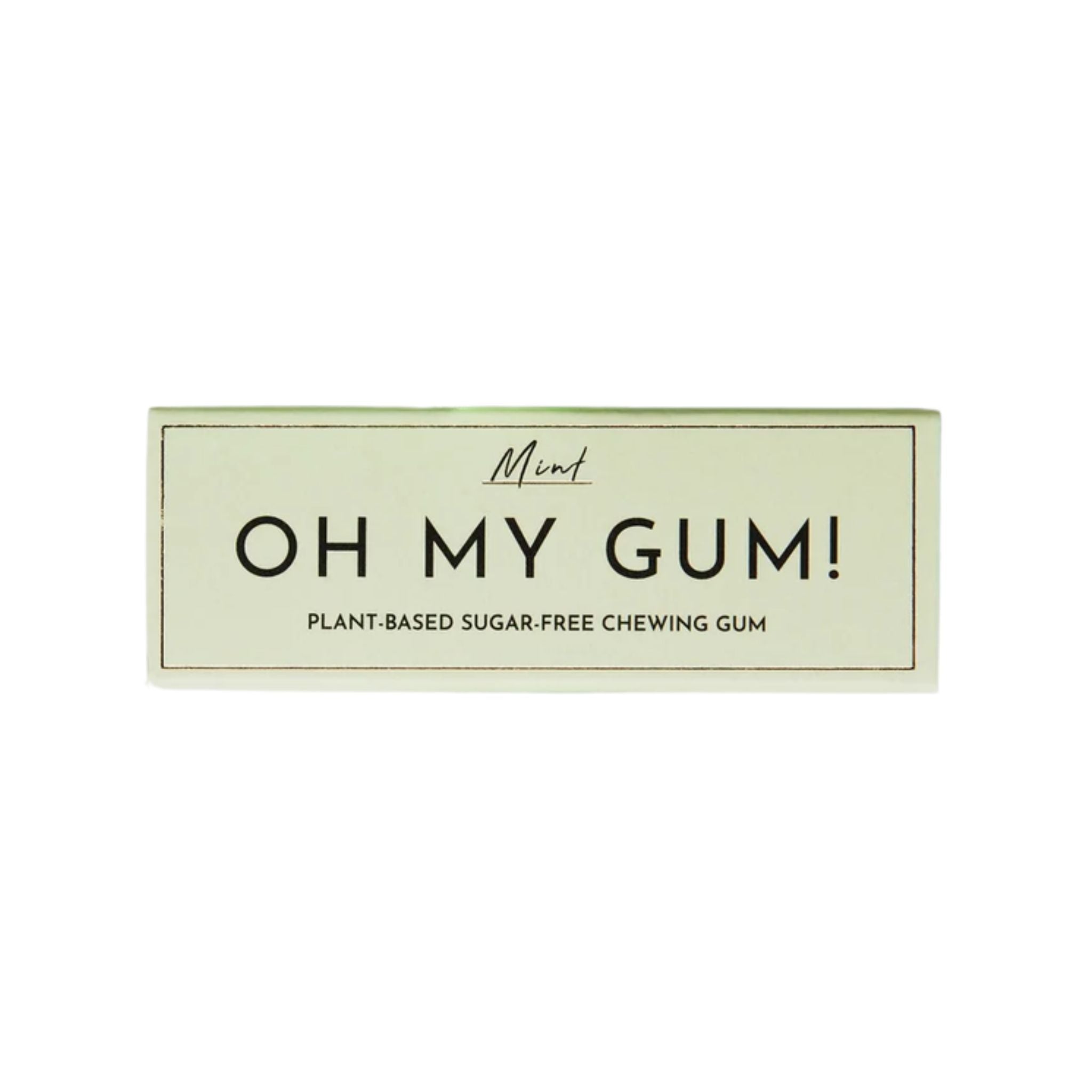 Oh My Gum! plant-based mint chewing gum in a light green pack on white background, oral care