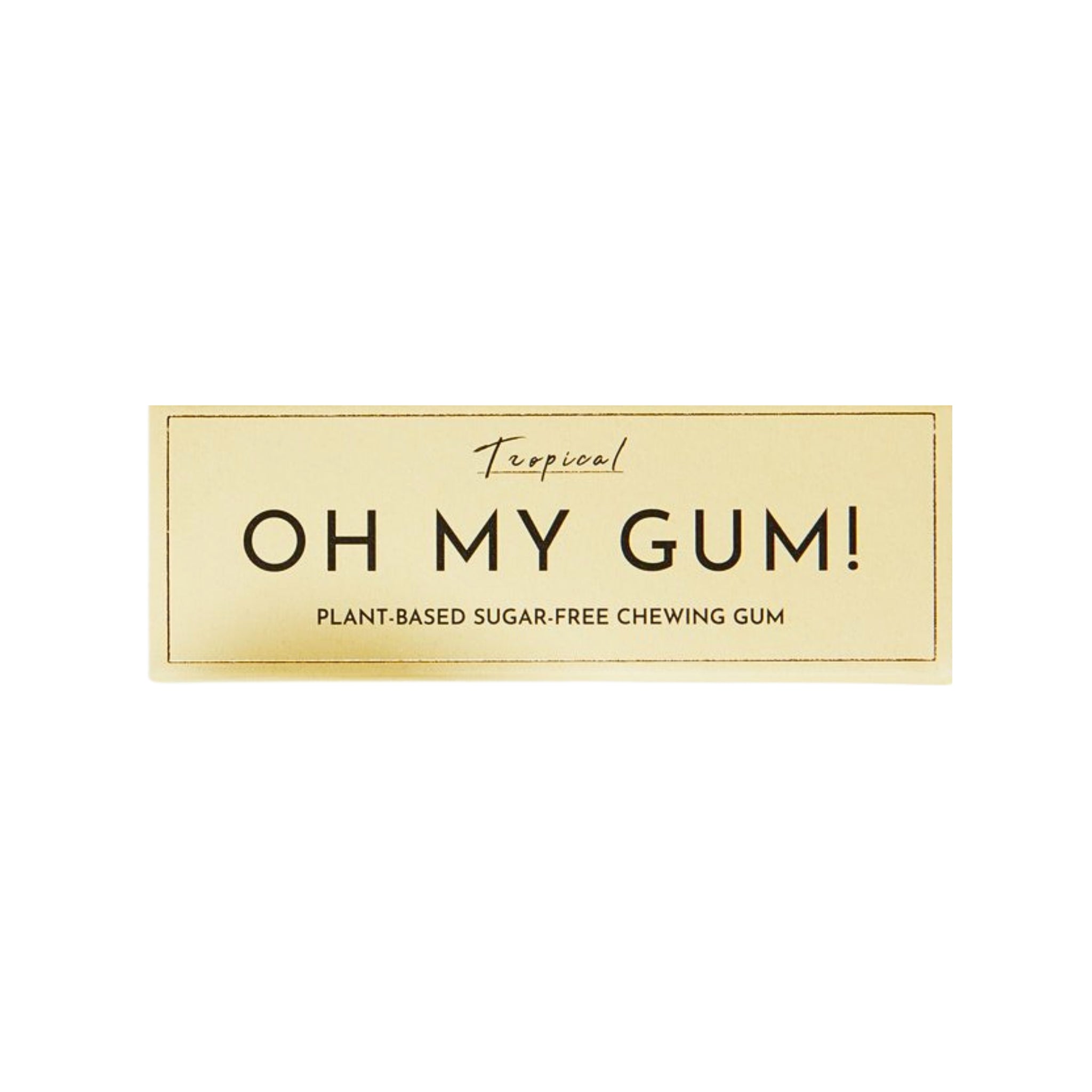 Plant Based Chewing Gum Tropic in gold packaging on a white background, oral care.