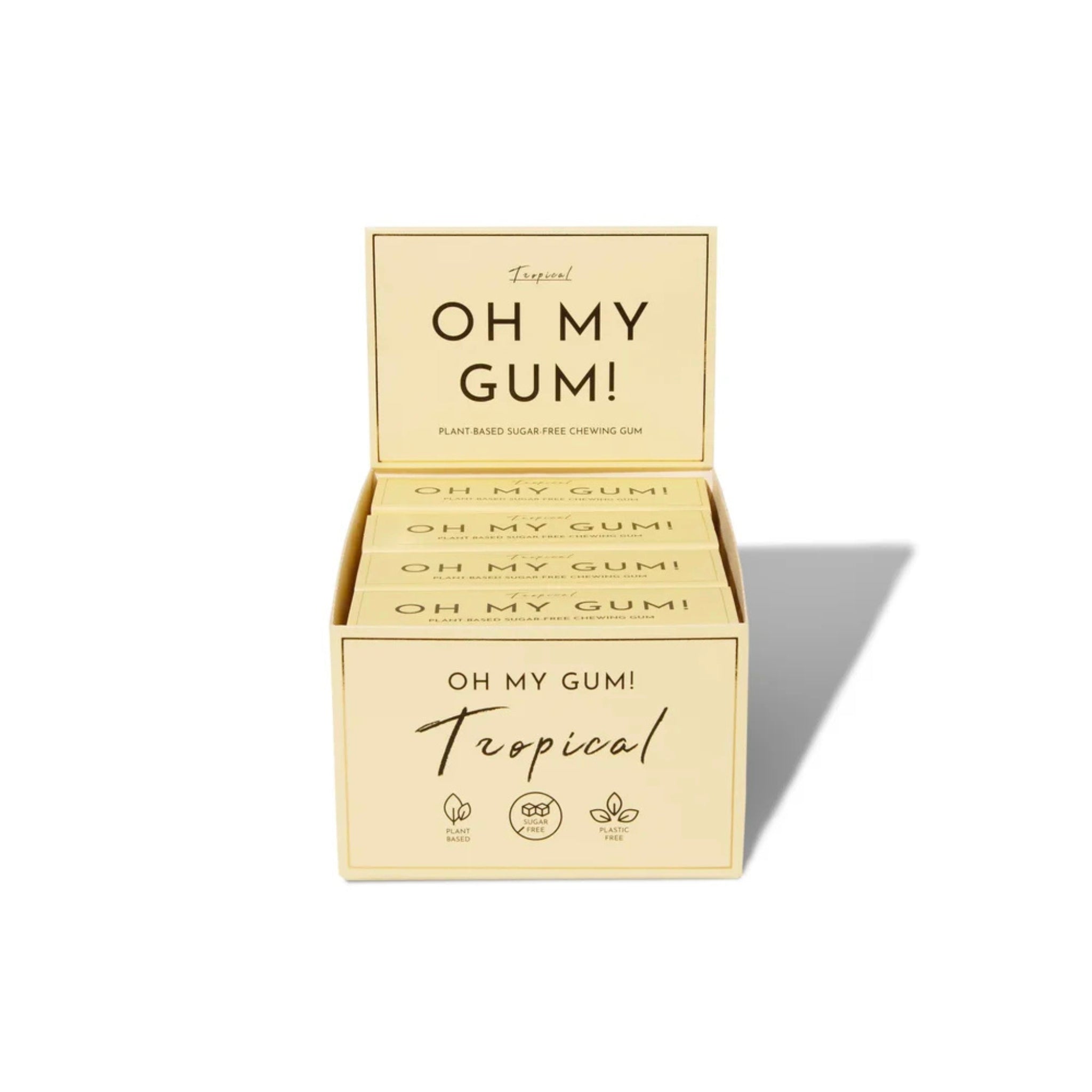 Gold box of Plant Based Chewing Gum Tropic on a white background, plant-based chewing gum