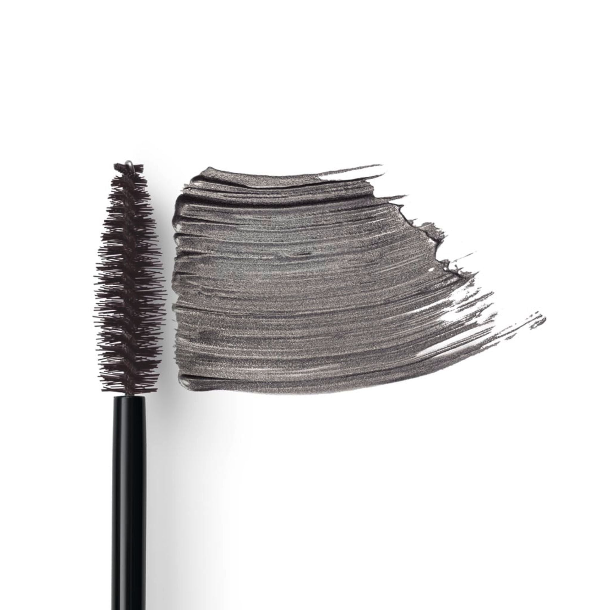 Long Lasting Mascara Limited Edition in Perlantrazit mit Applikatorbürste und Farbauftrag auf weißem Hintergrund.