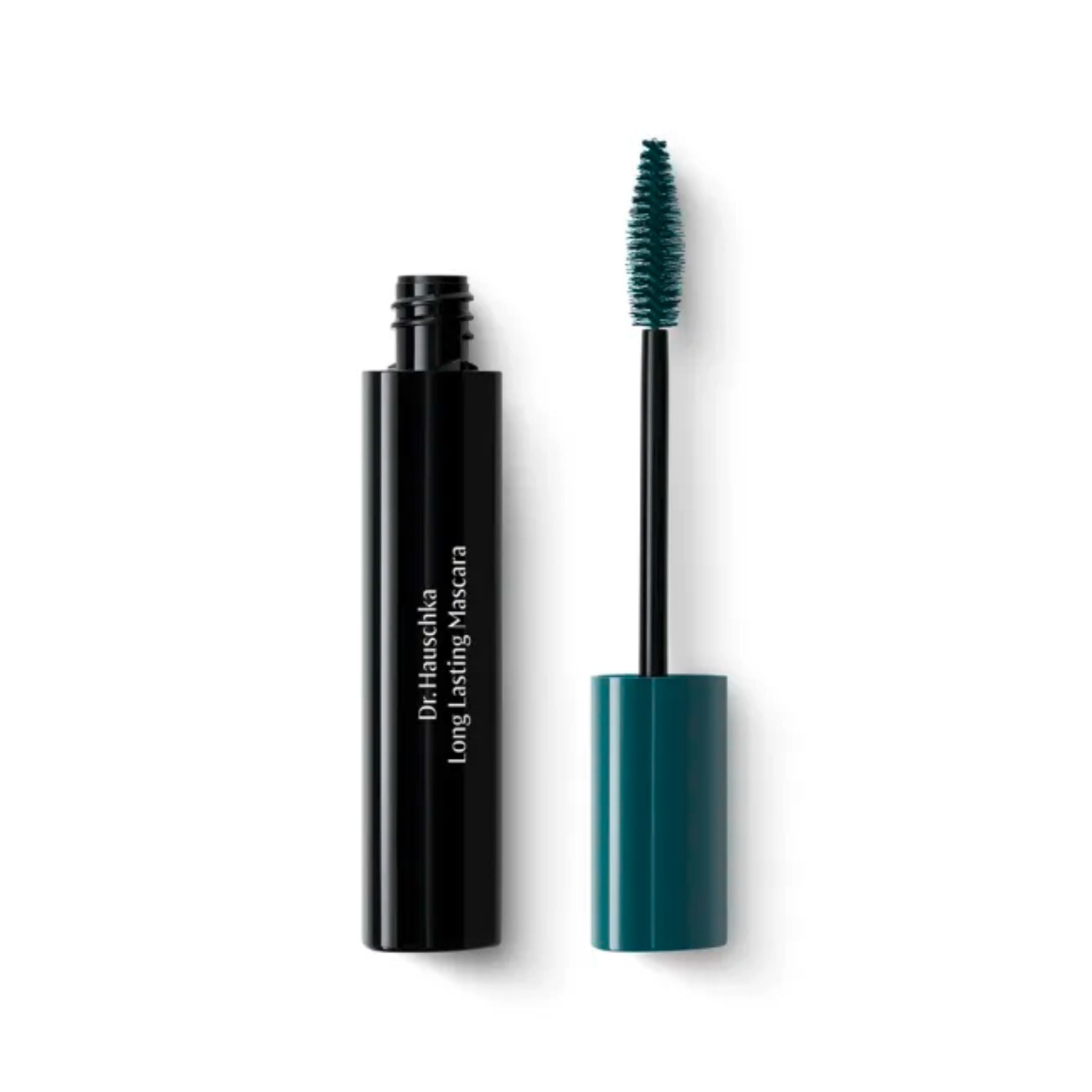 Dr. Hauschka Long Lasting Mascara in Petrol: schwarze Tube mit petrolfarbenem Verschluss auf weißem Hintergrund.