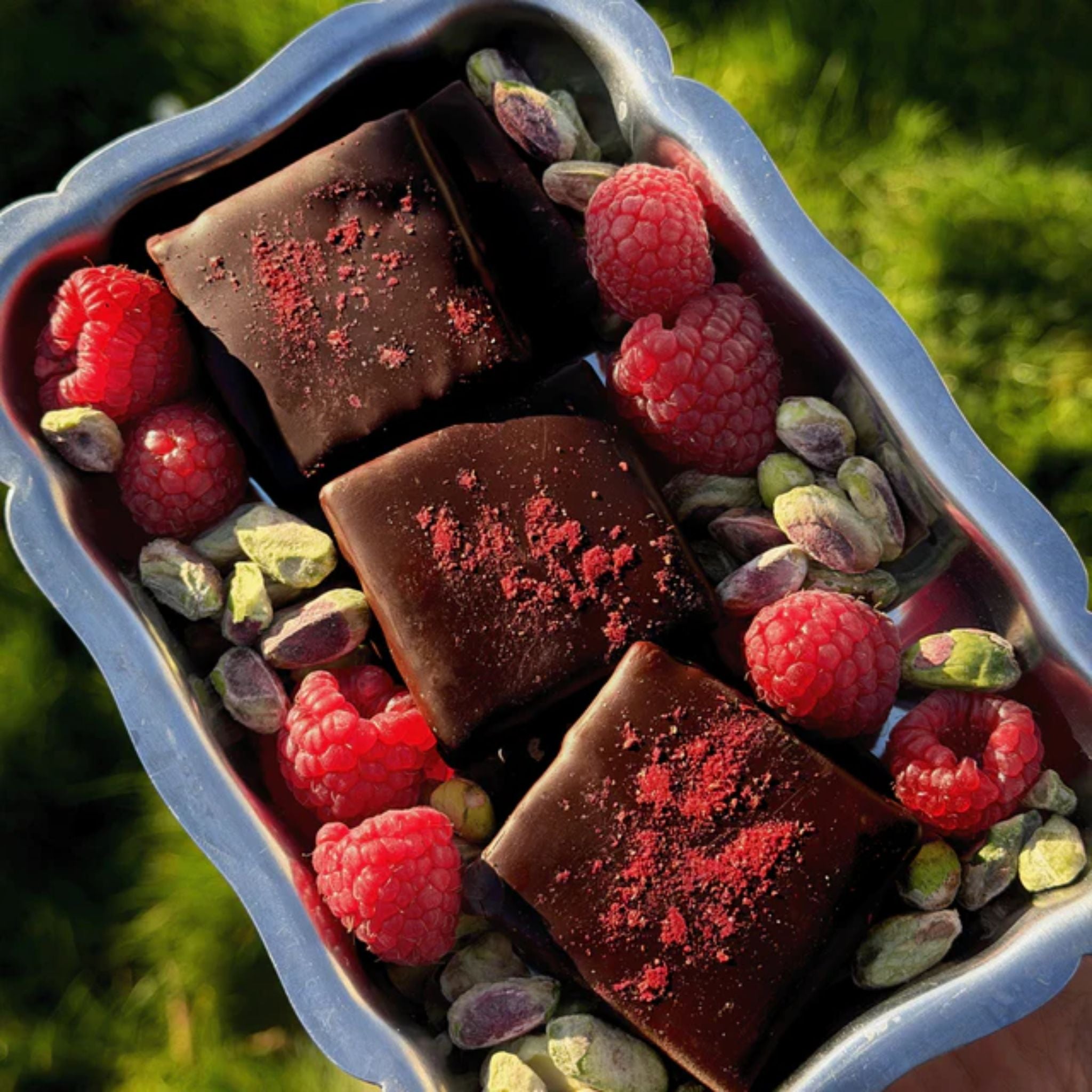 Nut Butter Chocolate Raspberry with pistachio and lion's mane chocolate pieces on a silver tray