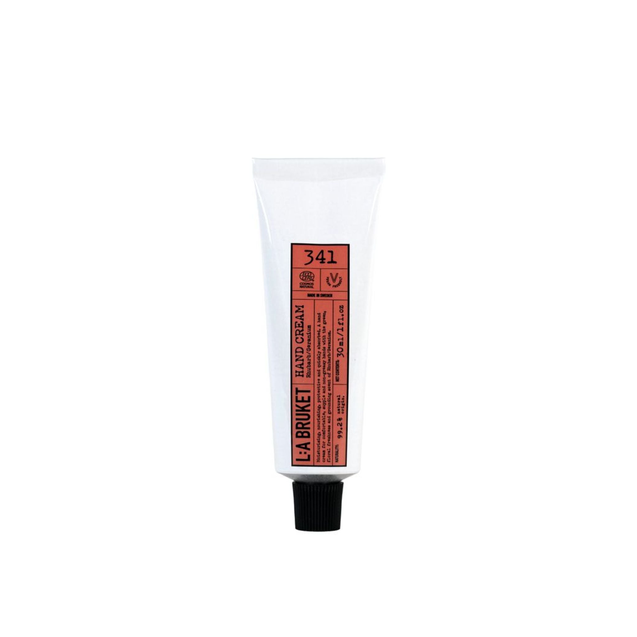 L:A Bruket No. 341 Hand Cream in a white tube with a black cap, 30ml, on a white background, skin care.