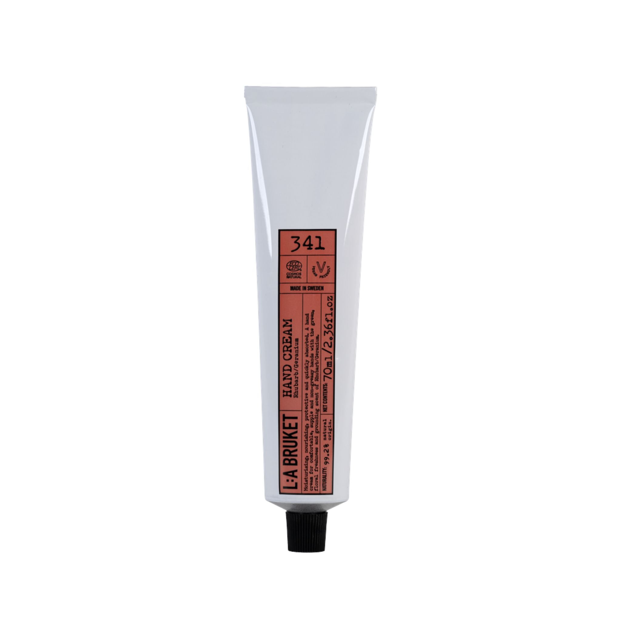 L:A Bruket No. 341 Hand Cream in a white tube with a black cap on a white background, skin care