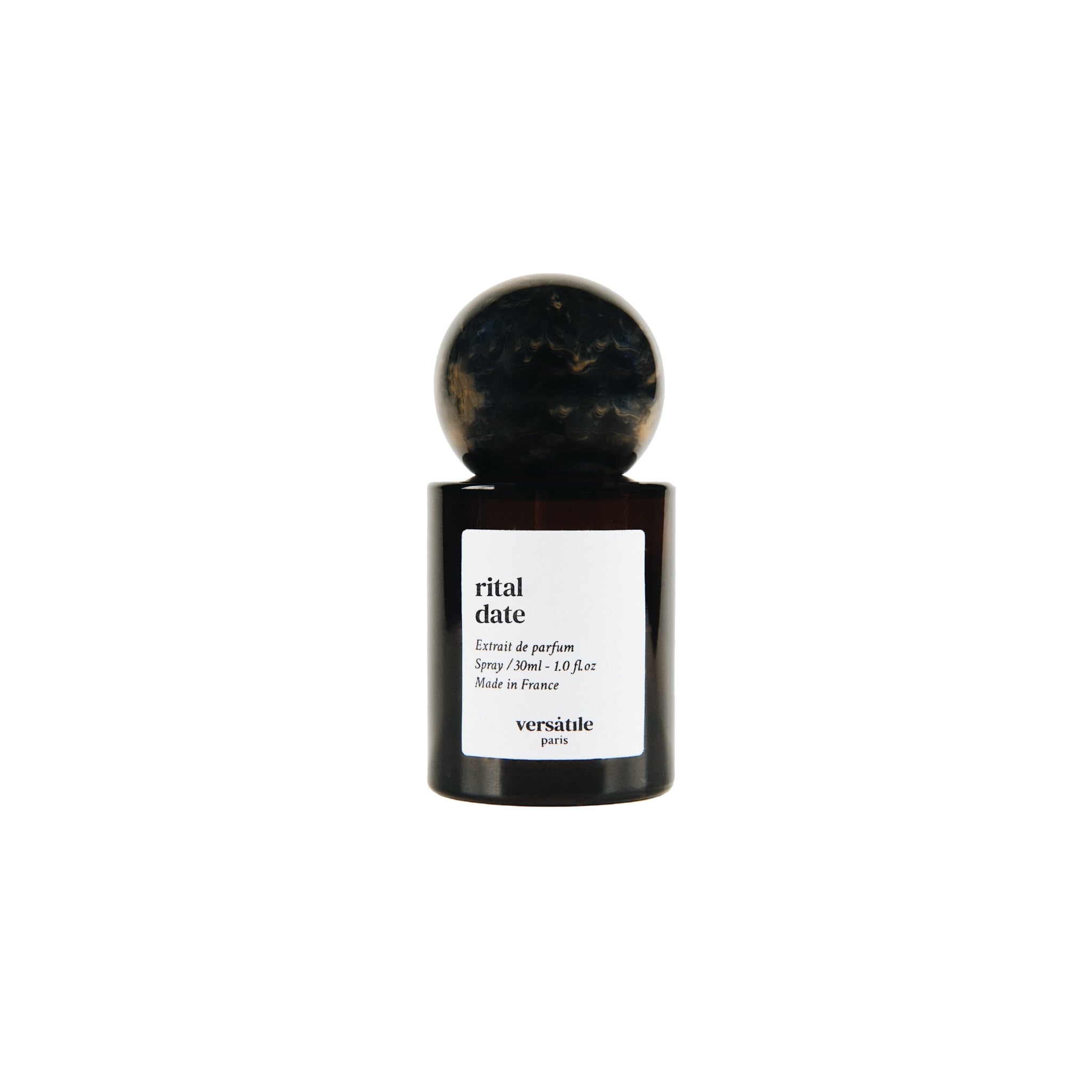Rital Date Extrait de Parfum, dunkelbraune 30ml Glasflasche mit kugelförmigem Verschluss vor weißem Hintergrund, Parfum