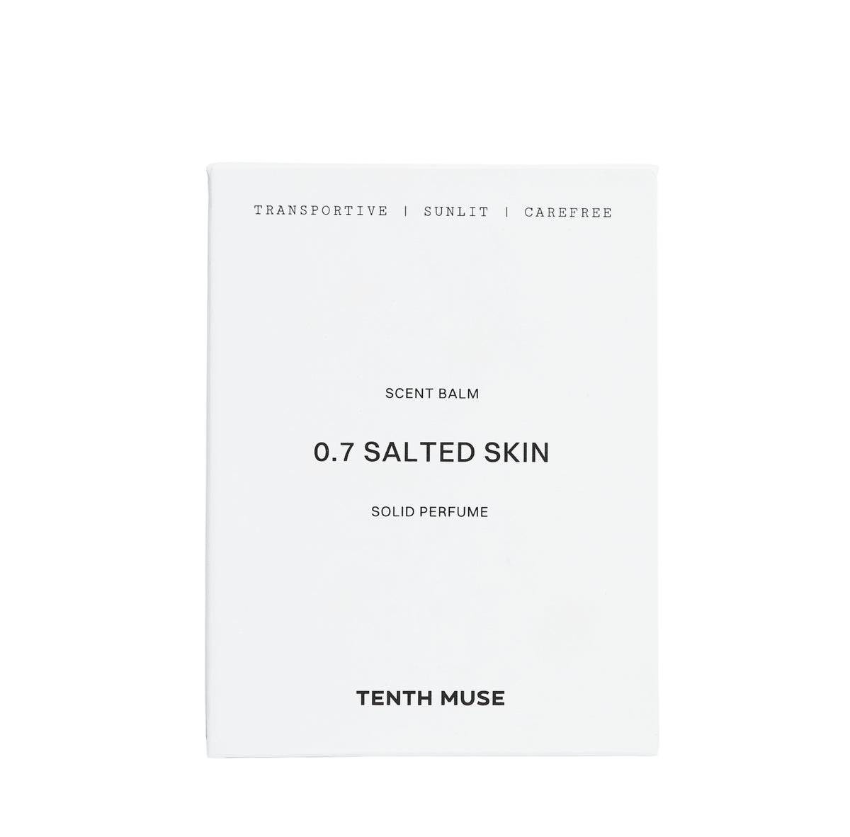 Tenth Muse 0.7 Salted Skin Solid Perfume, weiße Kartonverpackung mit schwarzem Text auf weißem Hintergrund.