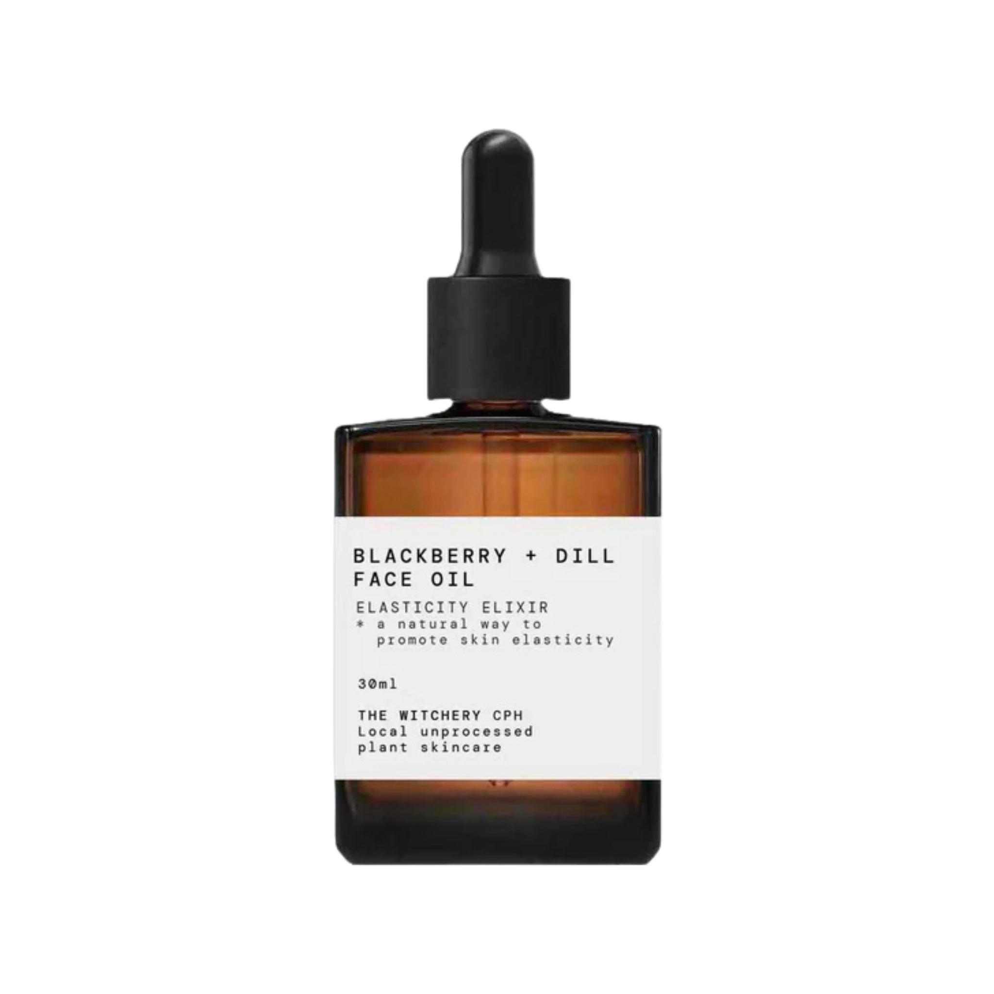 The Witchery CPH Blackberry + Dill Face Oil in einer braunen Glasflasche mit Pipette auf weißem Hintergrund, Hautpflege