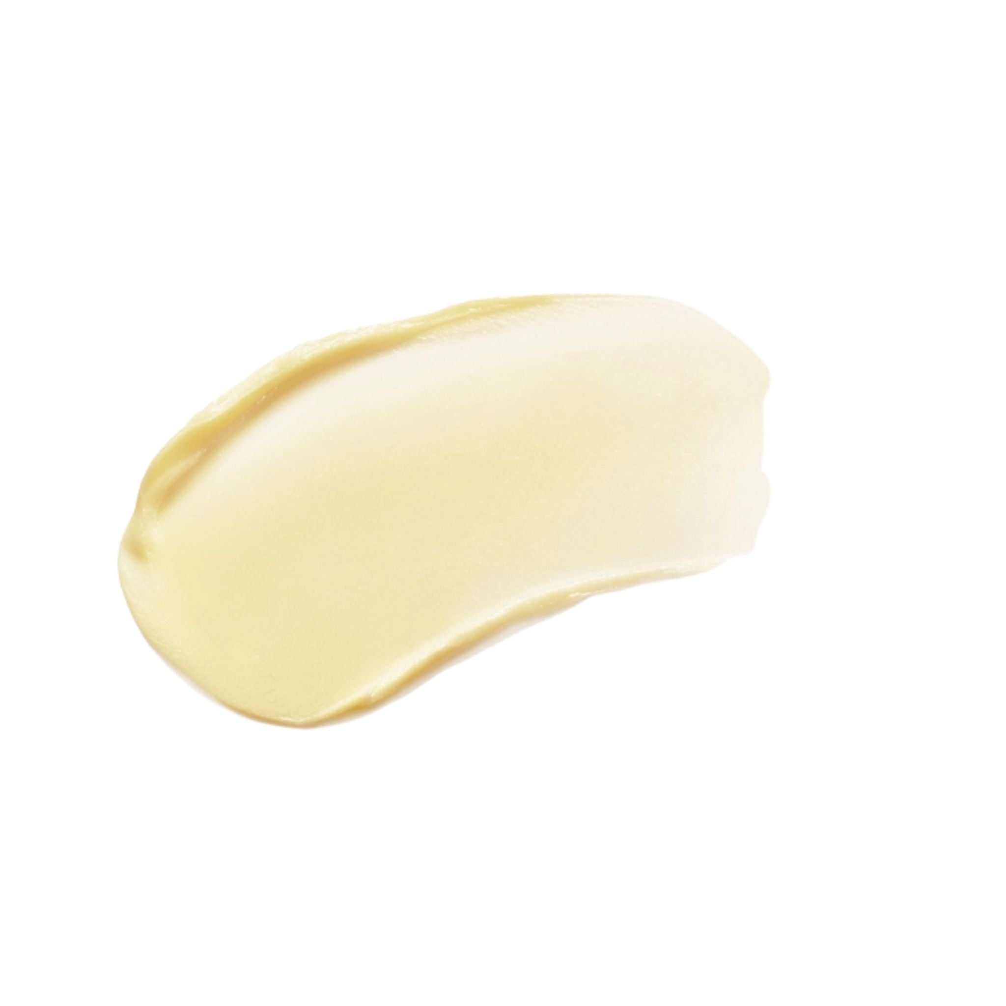 Texture swatch of Tinted Lip Balm Clear in light beige on white background, lip care.