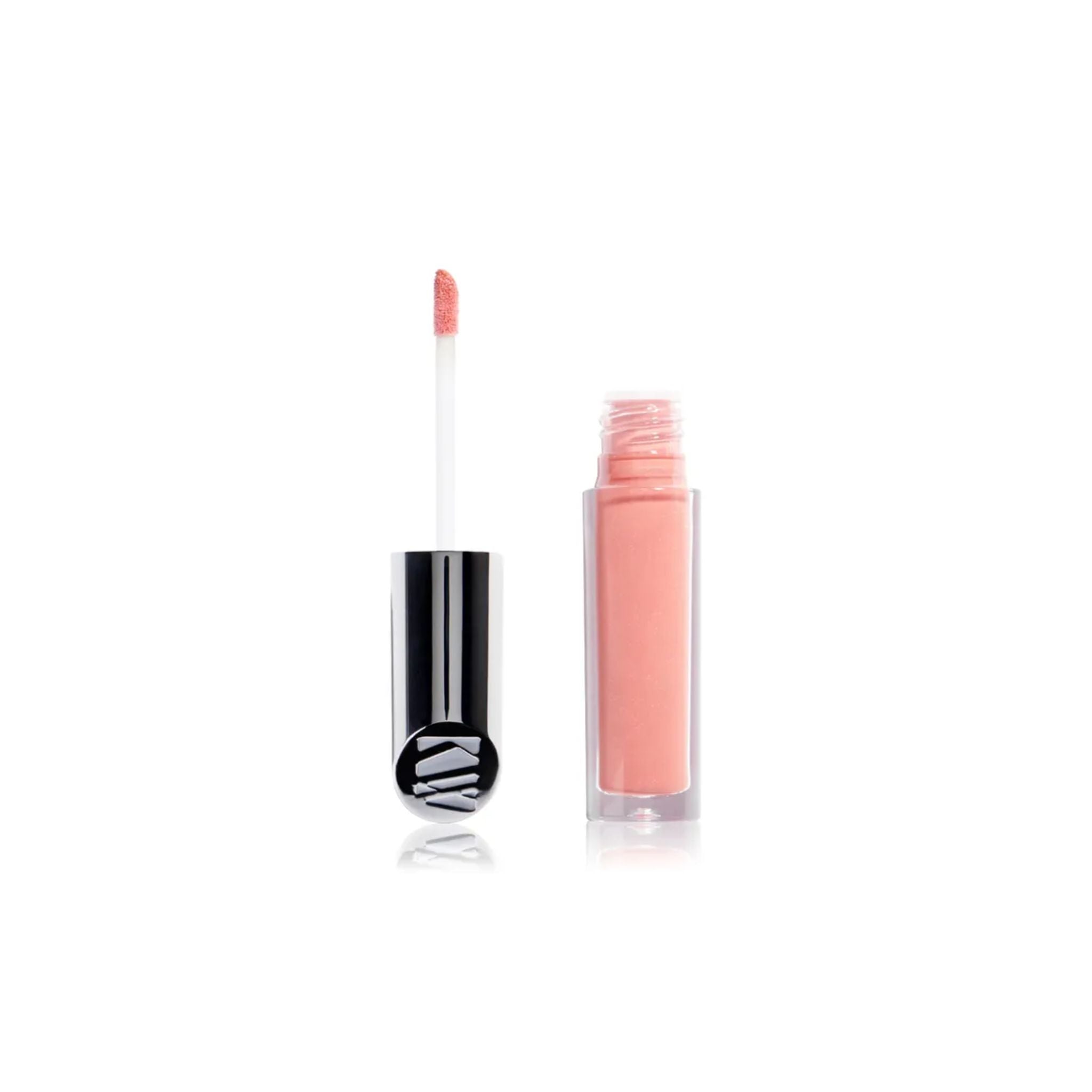 Lip Gloss Treasure in einer transparenten Glas-Tube mit silberner Kappe auf weißem Hintergrund, Lippenpflege.