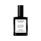 Nailberry UV Gloss Top Coat in schwarzer Glasflasche mit schwarzem Verschluss auf weißem Hintergrund, Nagellack