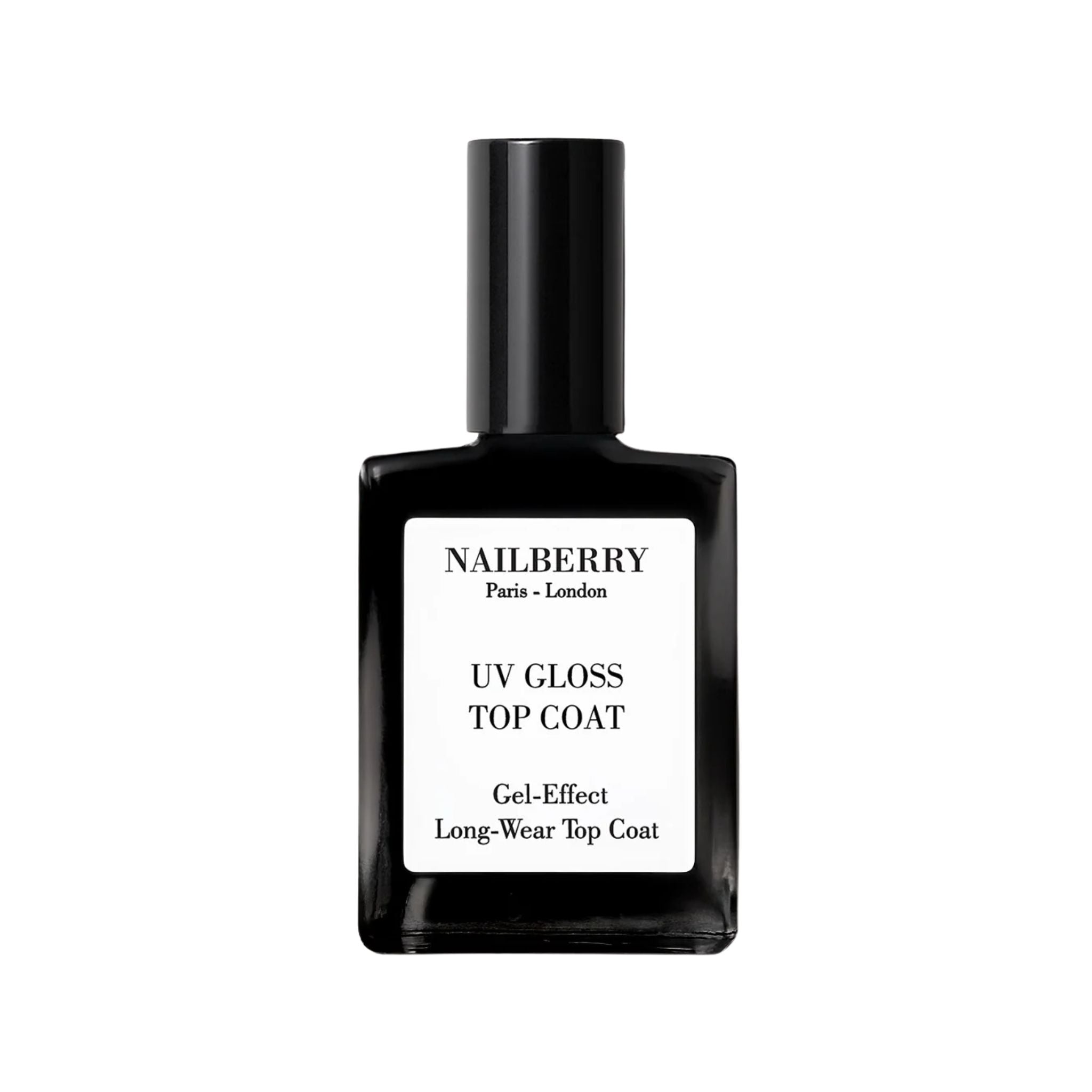Nailberry UV Gloss Top Coat in schwarzer Glasflasche mit schwarzem Verschluss auf weißem Hintergrund, Nagellack