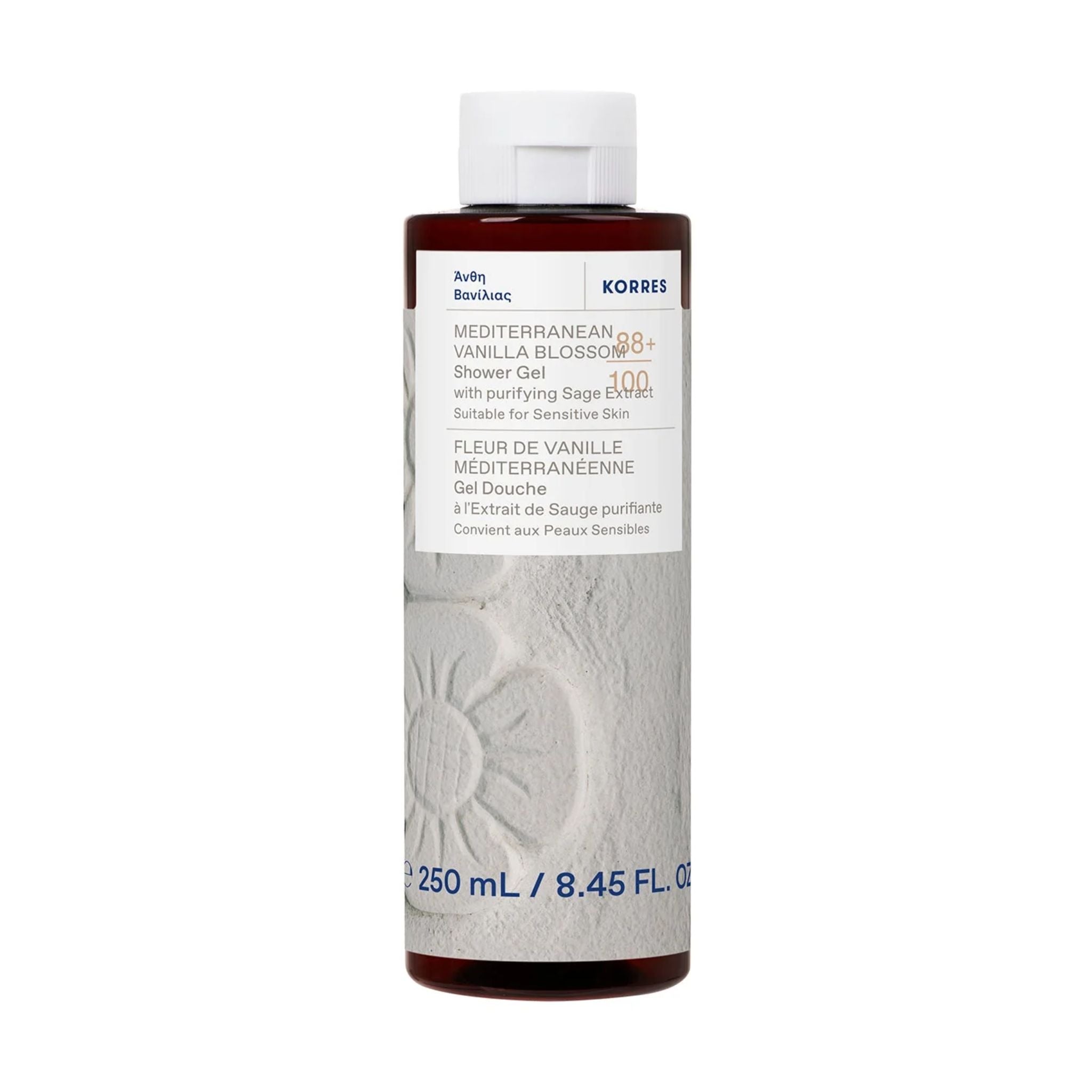 Korres Mediterranean Vanilla Blossom Shower Gel in brown bottle with white cap, body care