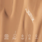 Golden Sand 50 Swatch, Text: Cruelty Free, Cosmos Natural, Vegan, Nut free, Gluten free
