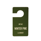 L:A Bruket No. 342 Winter Pine fragrance tag in dark green on a white background.