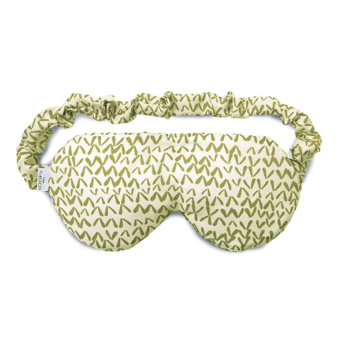 Soopz Le New Zen Schlafmaske aus Seide und Baumwolle mit grünem Chevron-Muster auf weißem Grund.